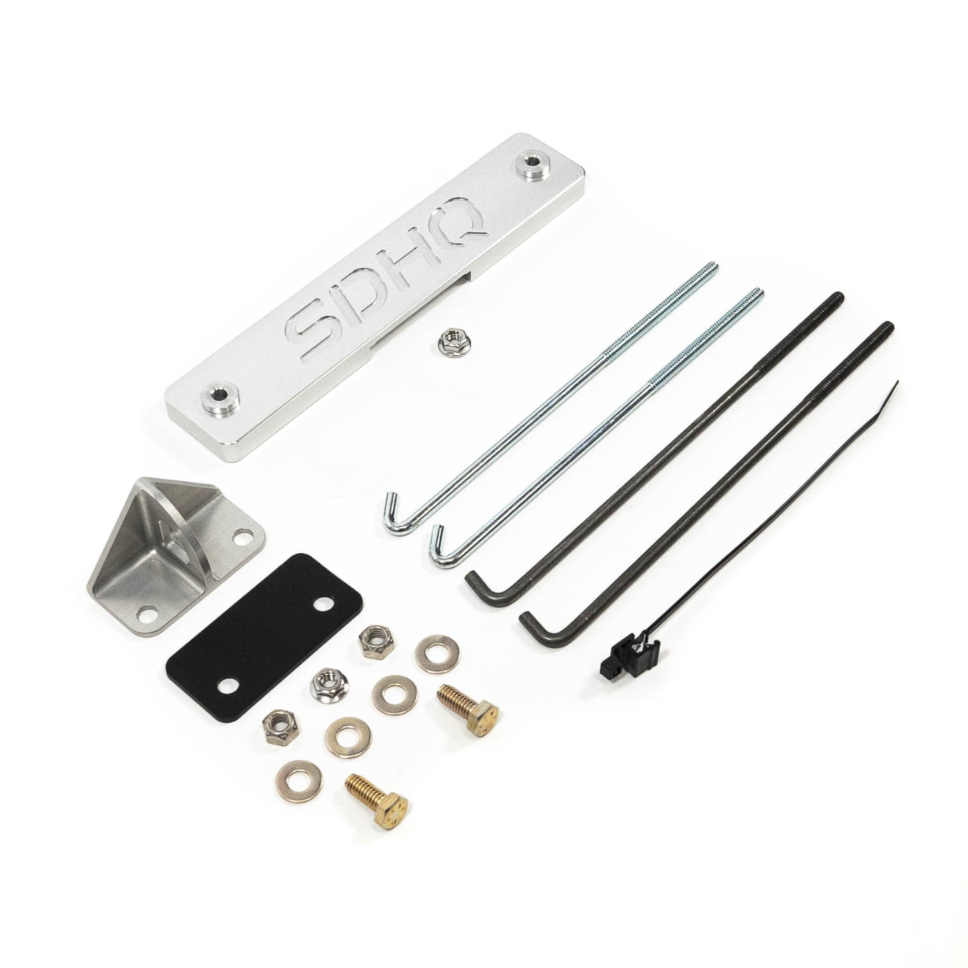 '08-21 Lexus LX570 SDHQ Built Billet Battery Hold Down Kit Display of included parts and hardware
