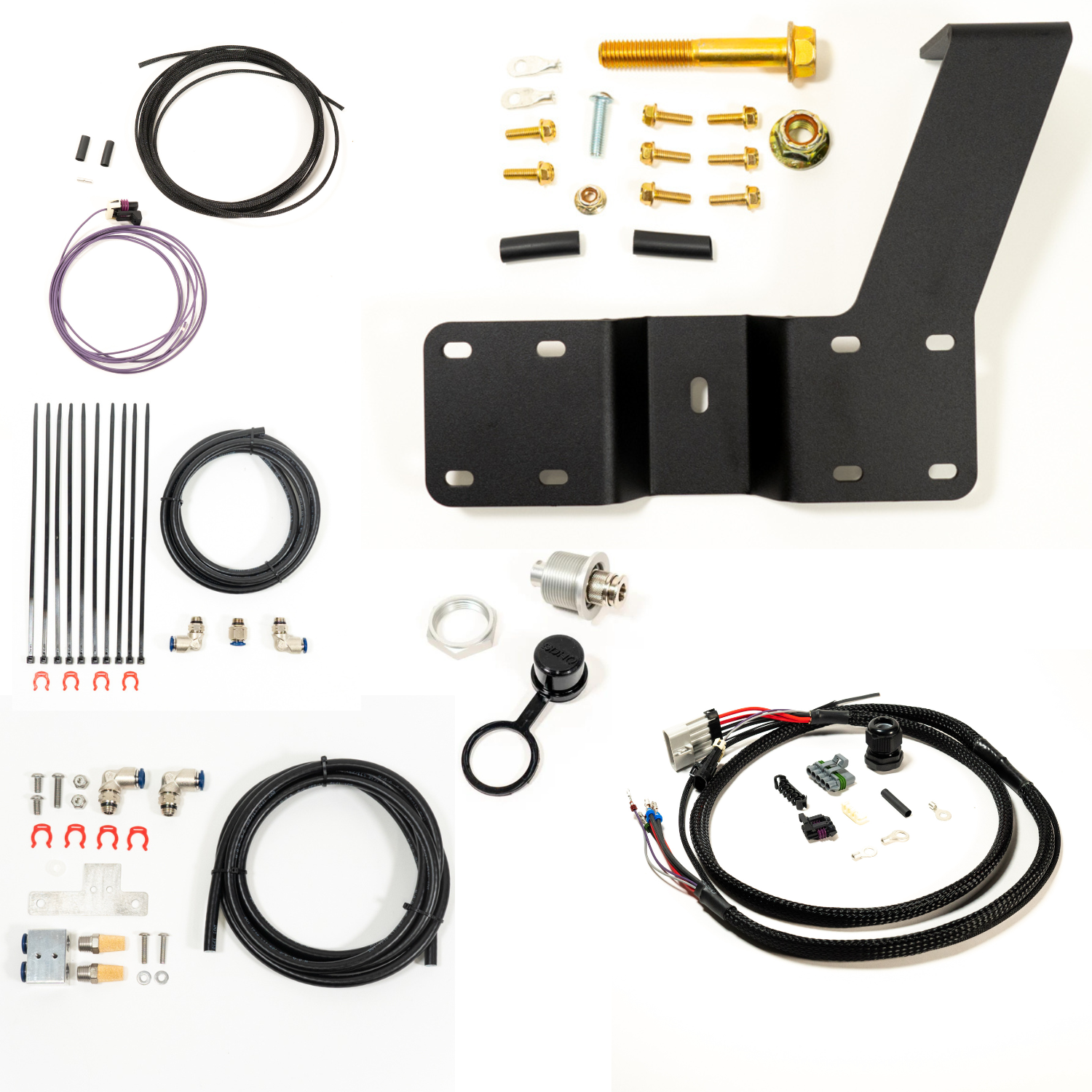 SDHQ Built '24 Tacoma Air Compressor Mount Kit Display of included parts and hardware