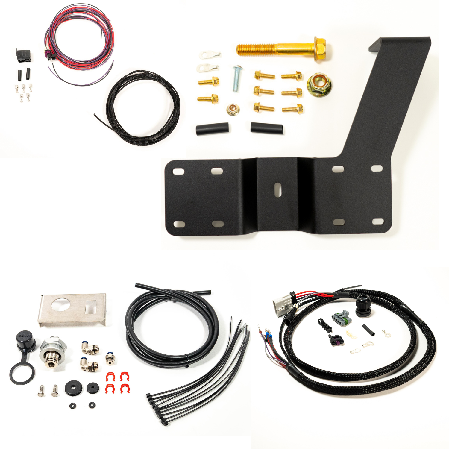 SDHQ Built '24 Tacoma Air Compressor Mount Kit display of included parts and hardware