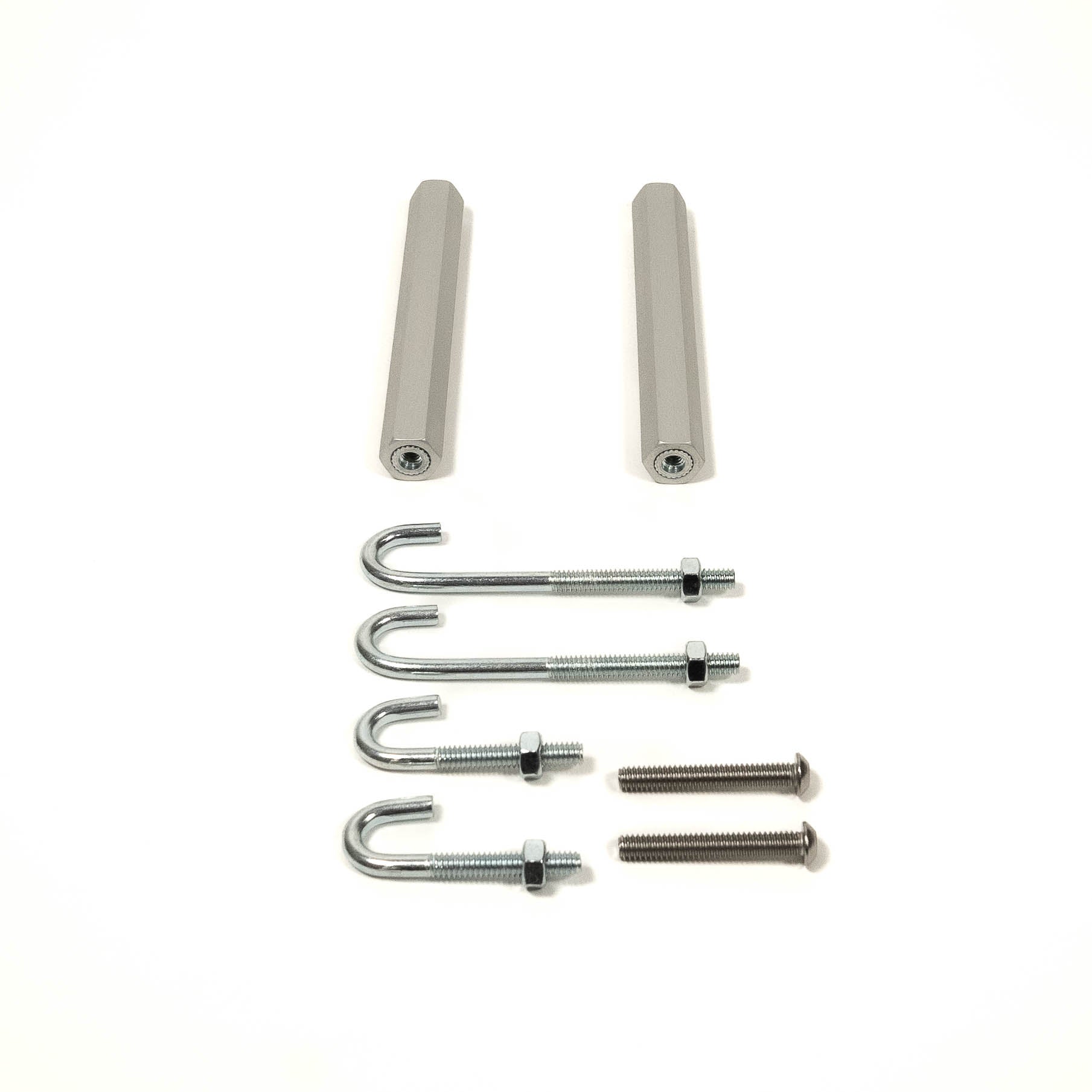 SDHQ Built Billet Battery Hold Down J-Hook Extension Kit Display of Included Parts