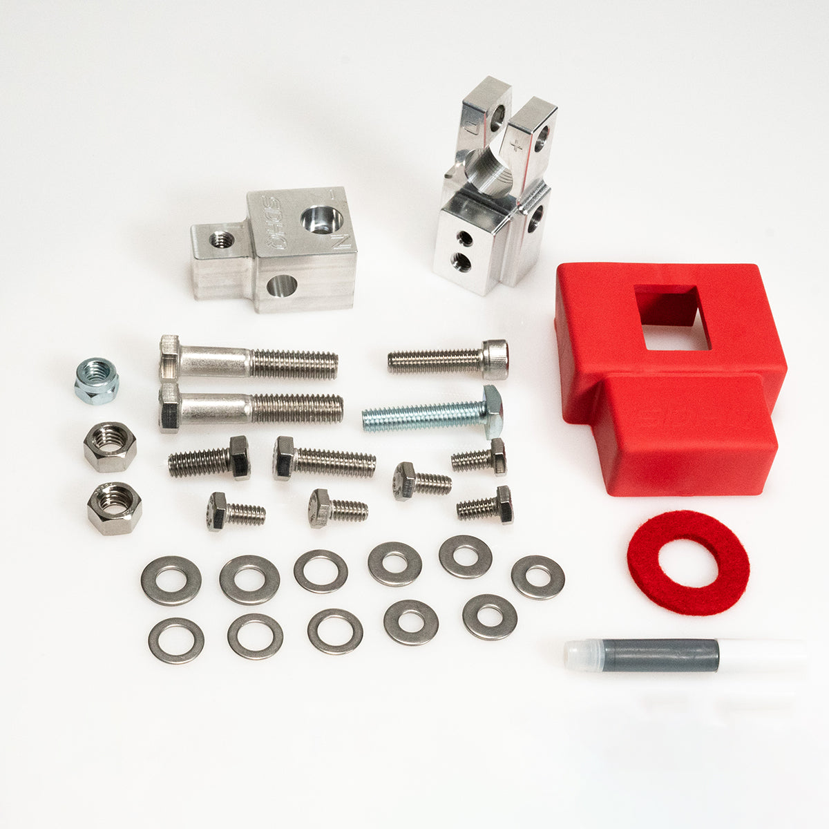 SDHQ Built Billet Battery Terminal/Distribution Kit Display of Included Parts and Hardware