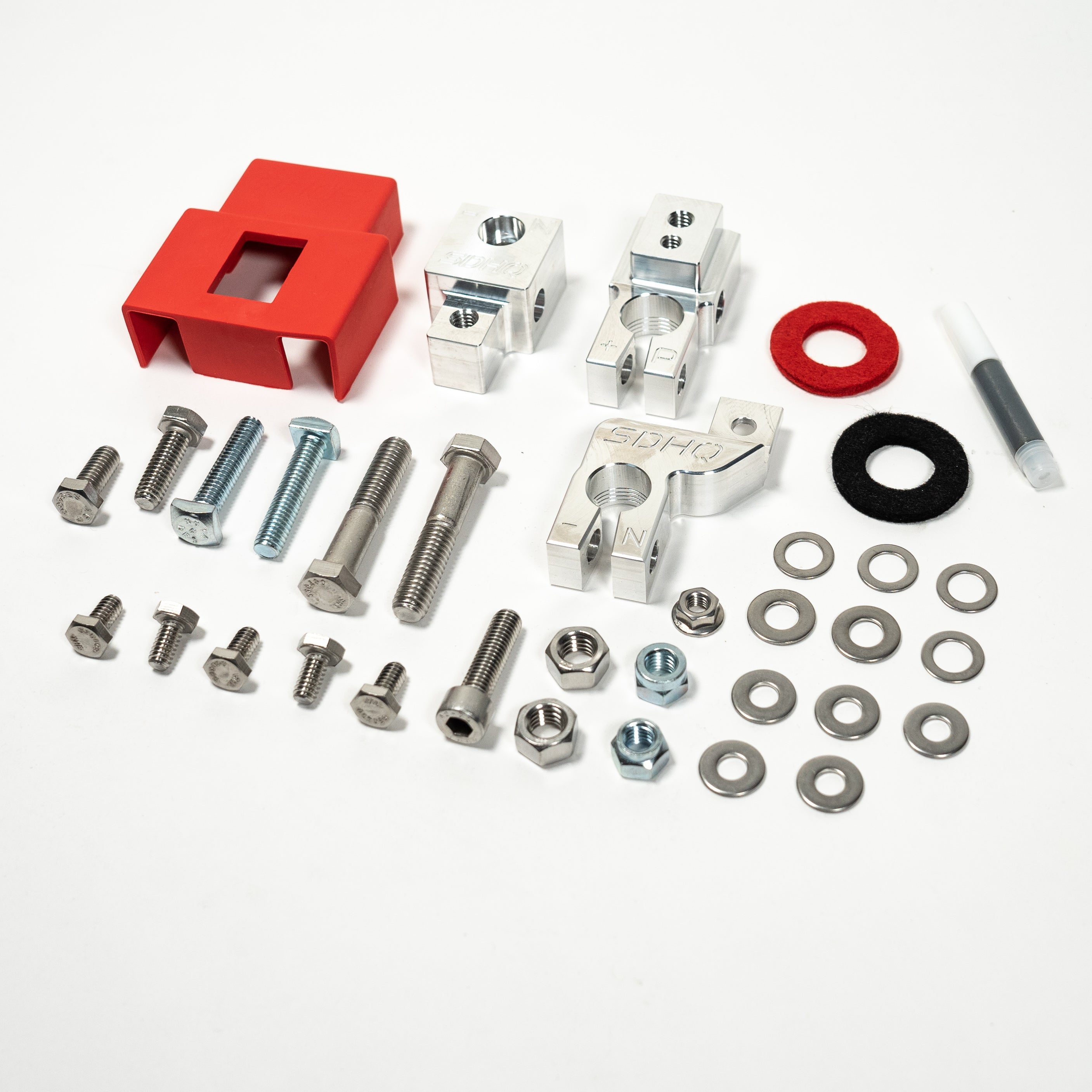 '21-24 Ford Bronco/Bronco Raptor SDHQ Built Billet Battery Terminal Kit Display of Included Parts and Hardware