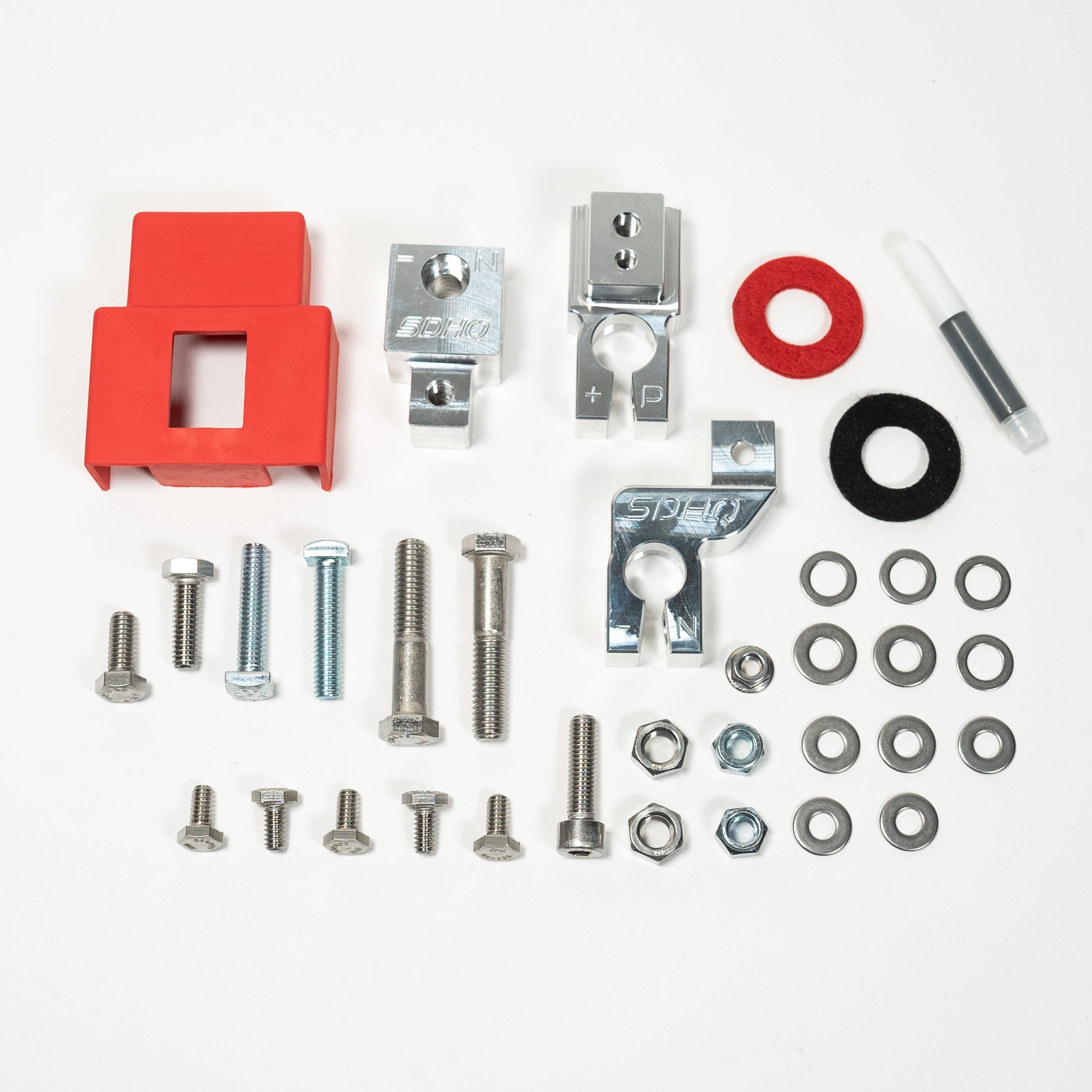 '21-24 Ford Bronco/Bronco Raptor SDHQ Built Billet Battery Terminal Kit Display of Included Parts and Hardware