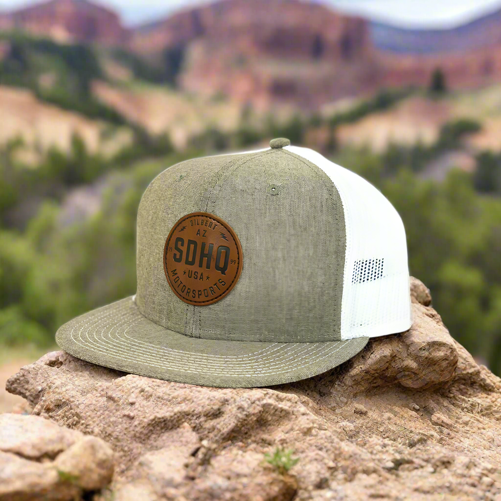SDHQ Motorsports Chambray Gray Leather Patch Snapback Hat Display