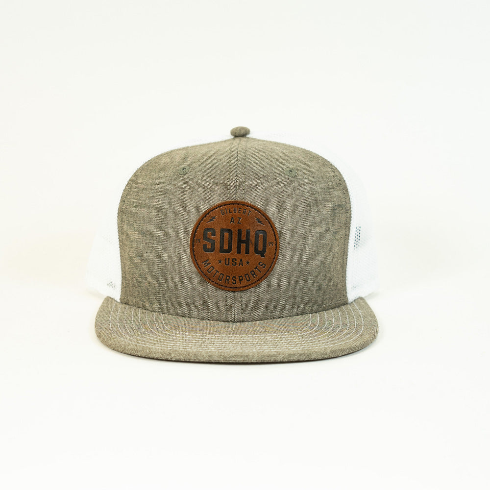 SDHQ Motorsports Chambray Gray Leather Patch Snapback Hat