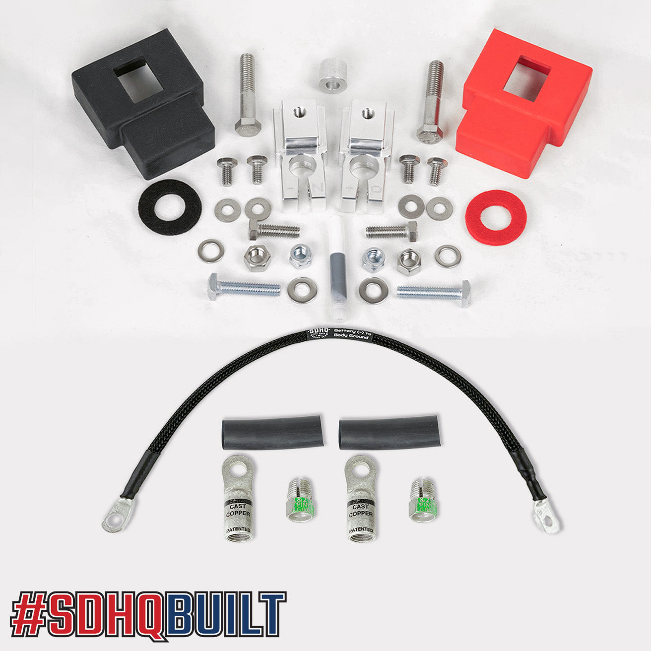 '09-14 Ford F-150 SDHQ Built Billet Battery Terminal Kit Display of Included Parts