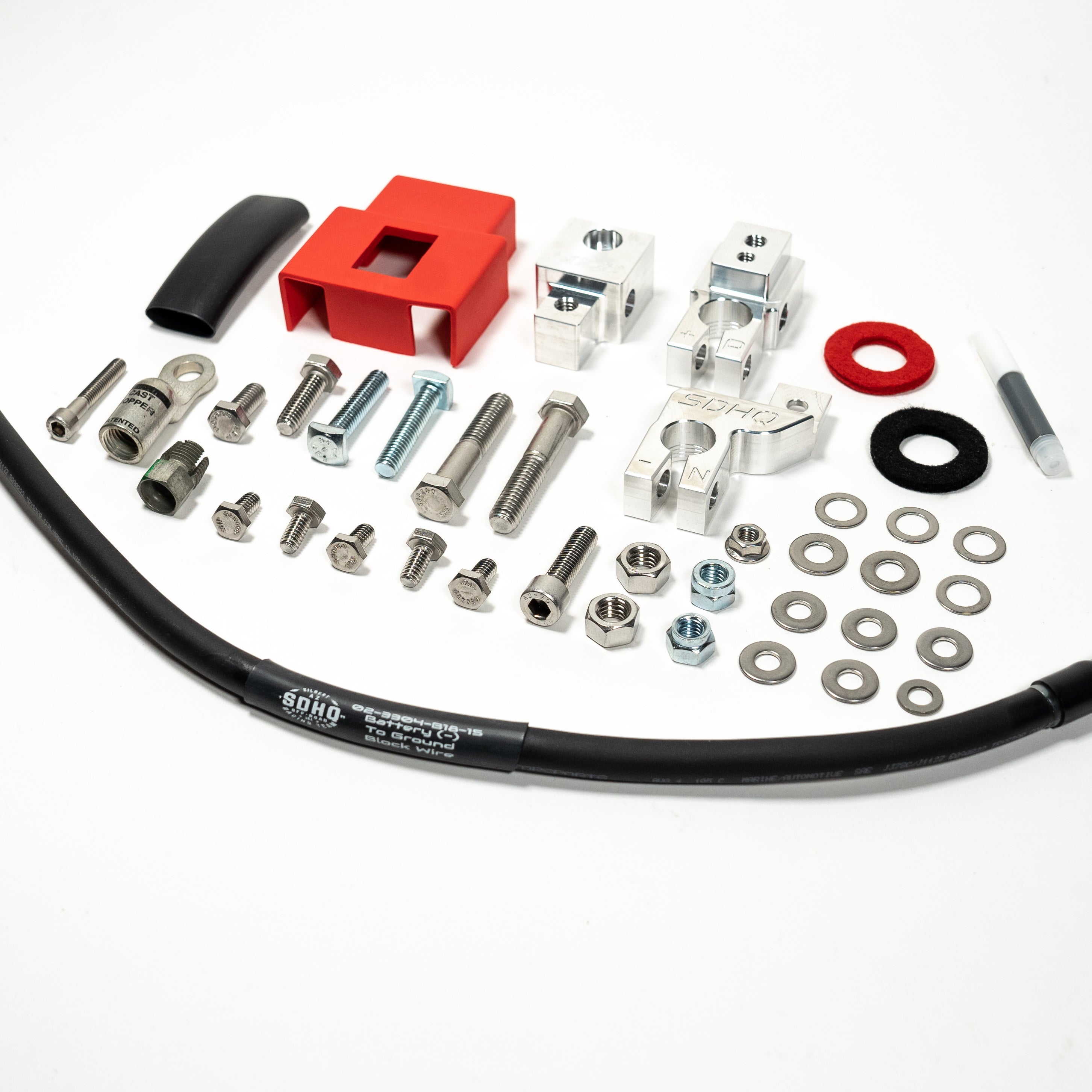 '21-23 Ford F-150 SDHQ Built Billet Battery Terminal Kit Display of Included Parts and Hardware
