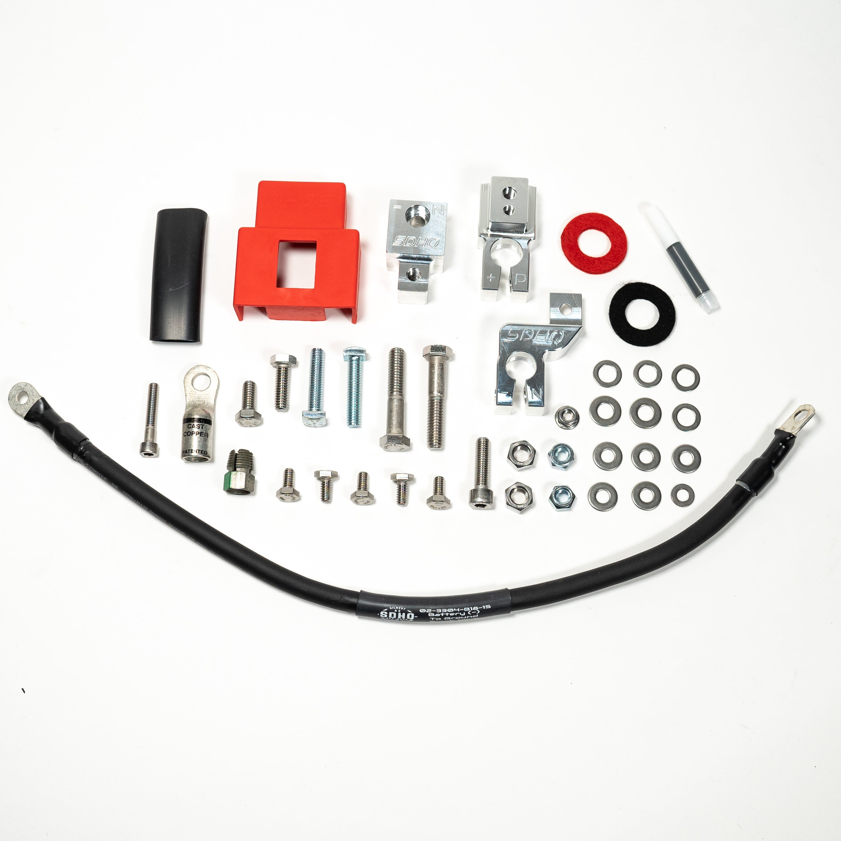 '21-23 Ford F-150 SDHQ Built Billet Battery Terminal Kit Display of included parts and hardware