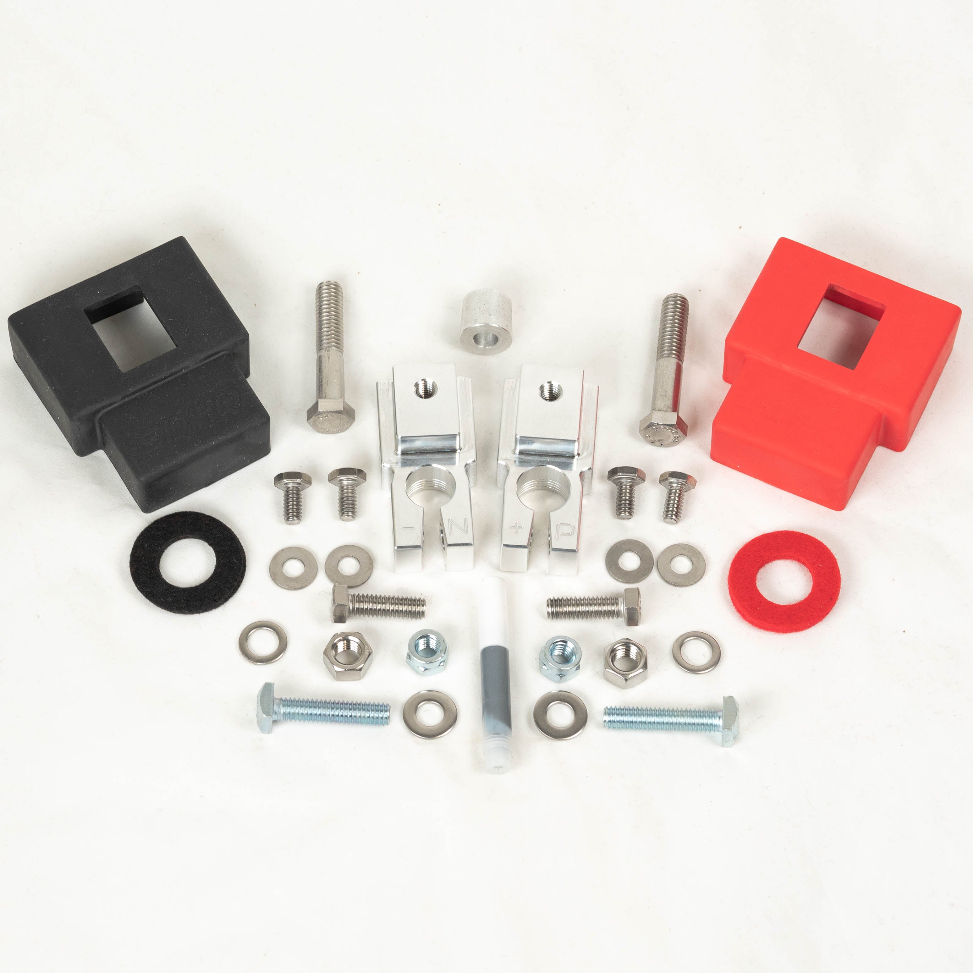 20-Current Ford F250/350 SDHQ Built Billet Single Battery Terminal Kit Display of Included Parts and Hardware