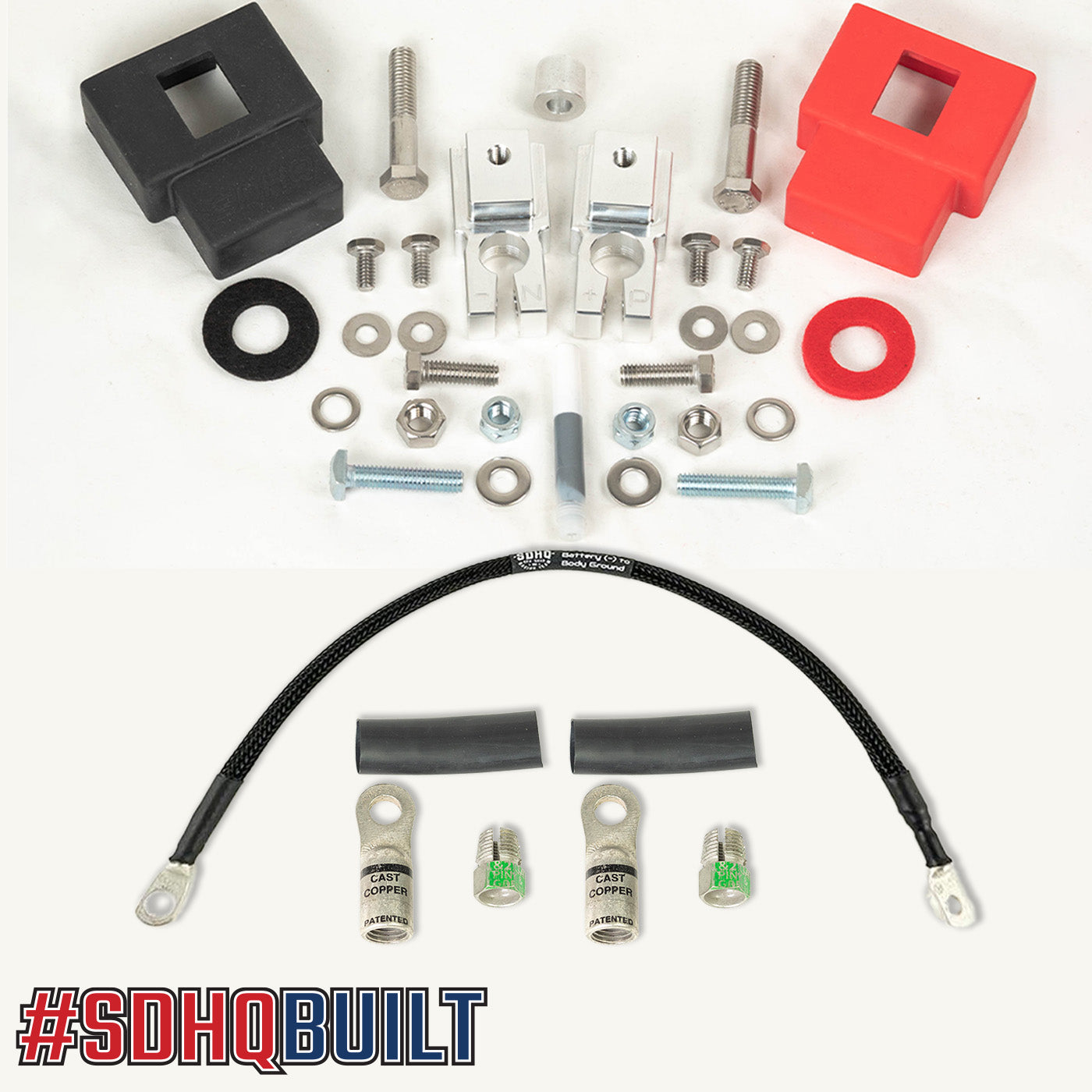 '17-19 Ford F250/350 SDHQ Built Billet Battery Terminal Kit Display of Included Parts