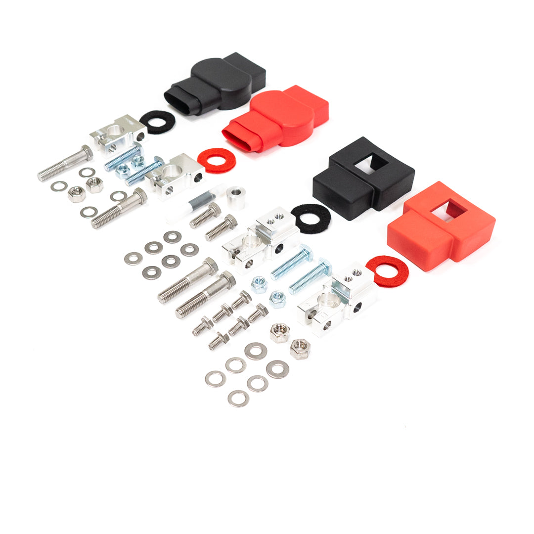 SDHQ Built '95-02.5 Ford 7.3L F250/F350/Superduty Billet Battery Terminal Upgrade Kit Display of Included Parts and Hardware