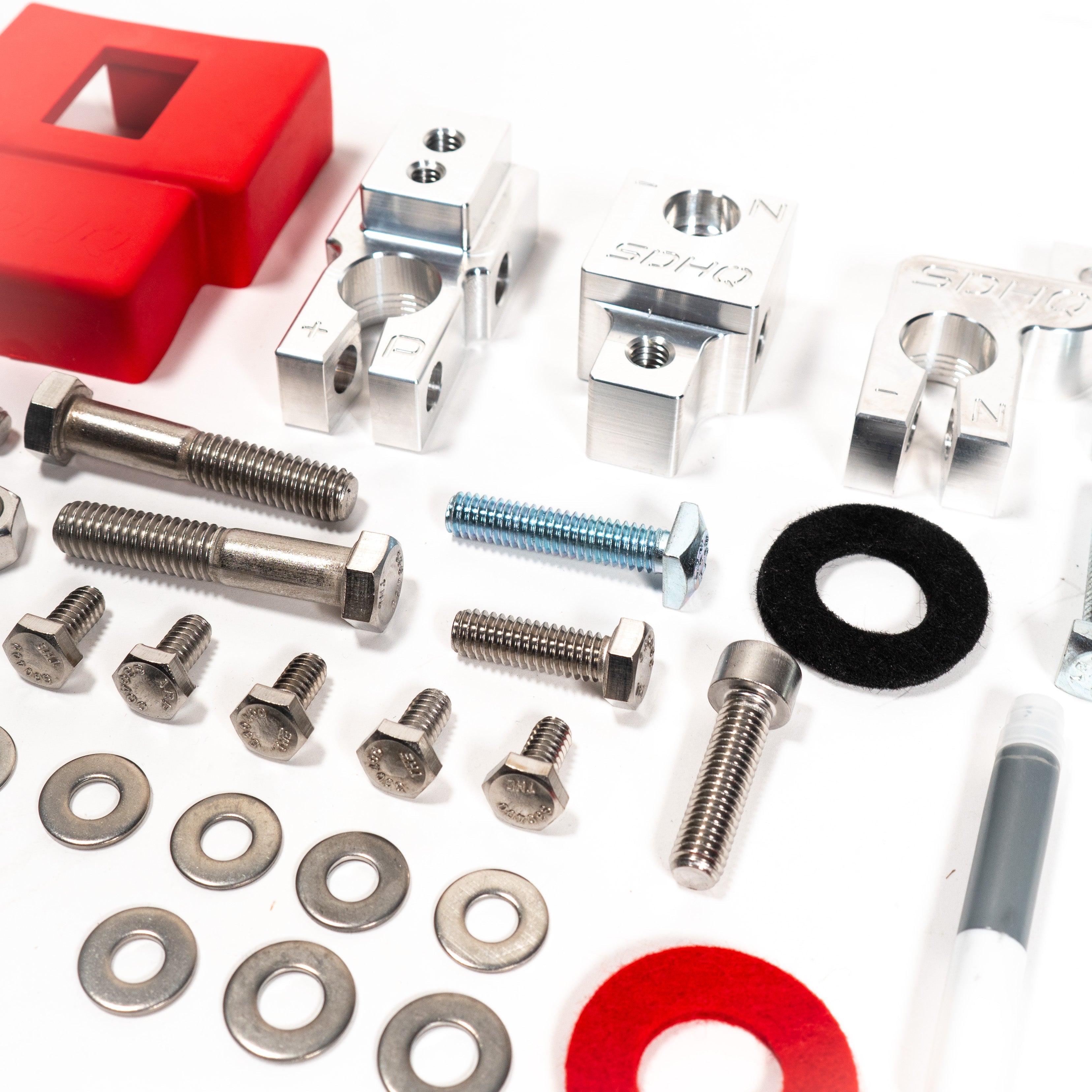 2023-2024 Ford F250/F350 Billet Single Battery Terminal Upgrade Kit Close-up Display of included parts and Hardware