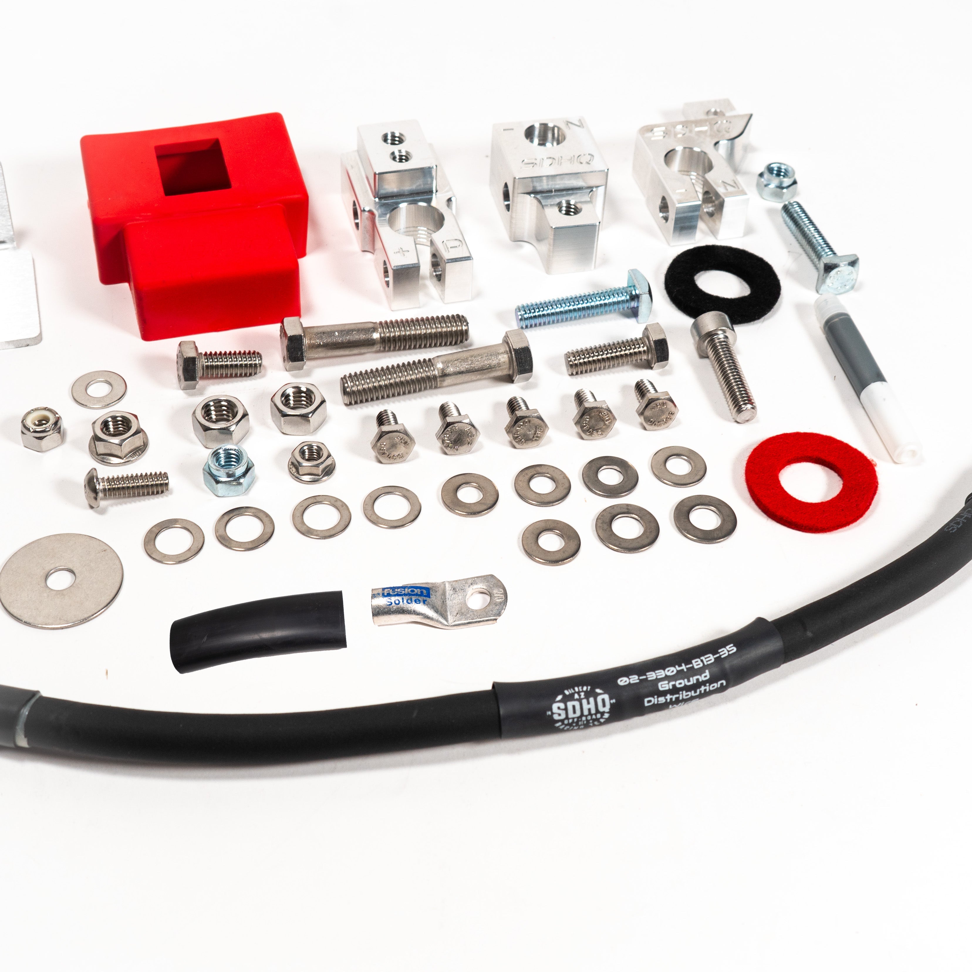 2023-2024 Ford F250/F350 Billet Single Battery Terminal Upgrade Kit Display of included parts and Hardware