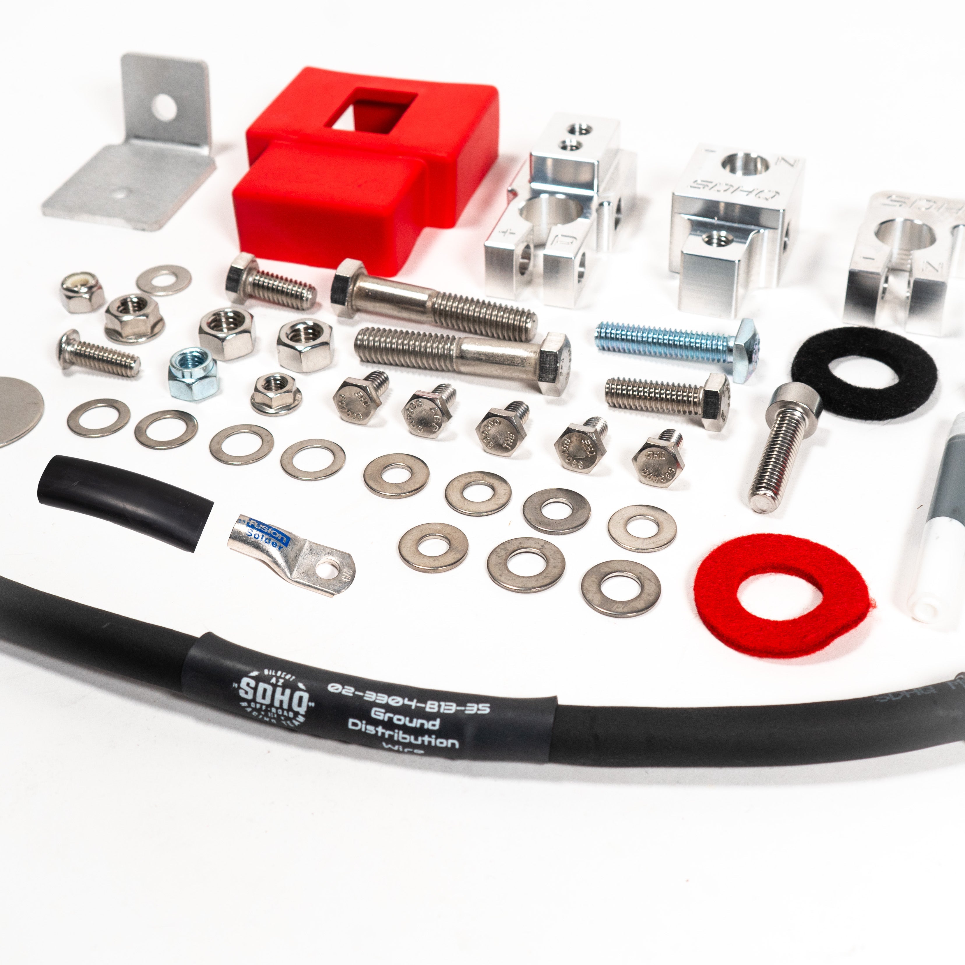 2023-2024 Ford F250/F350 Billet Single Battery Terminal Upgrade Kit Display of Included Parts and Hardware