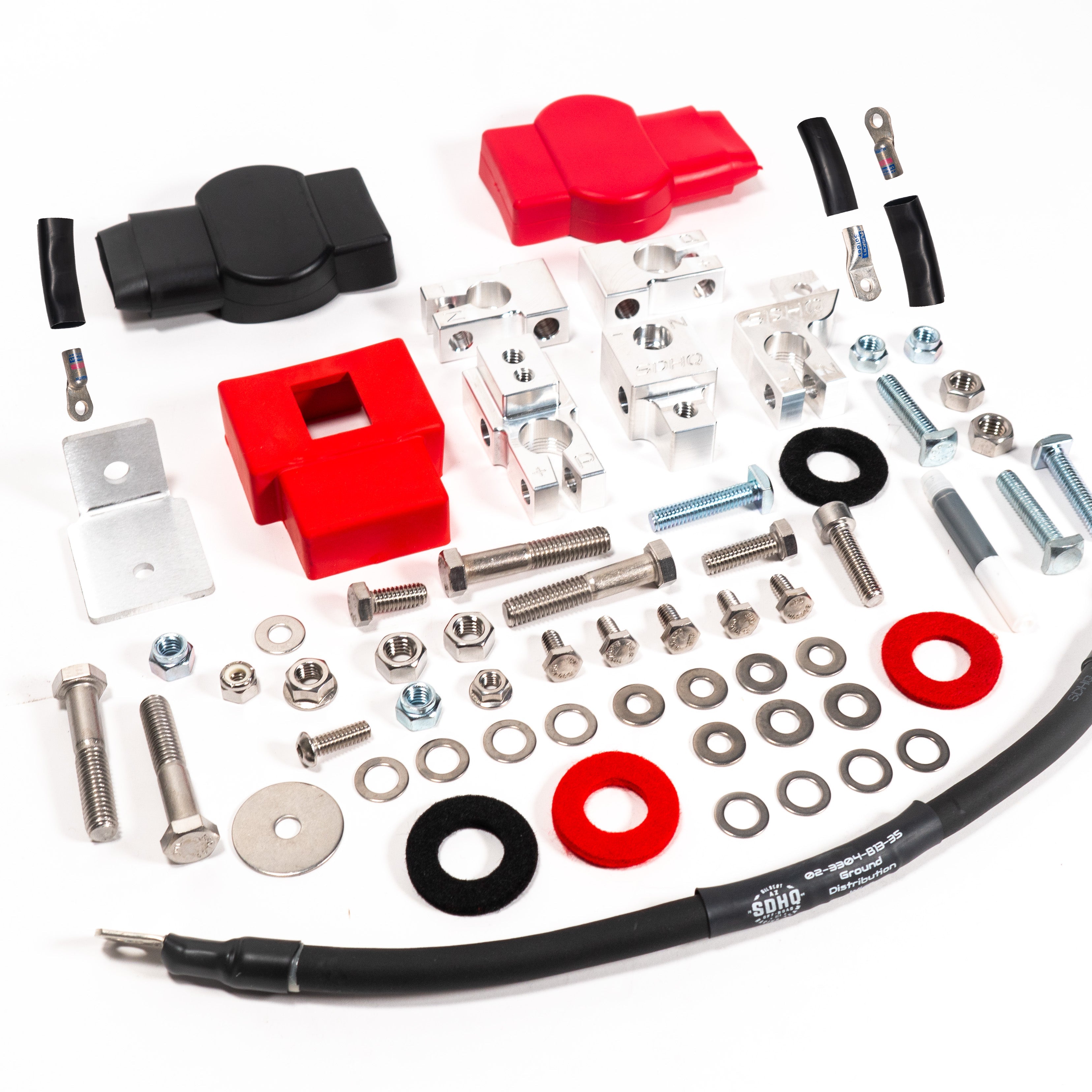 2023-2024 Ford F250/F350 Billet Dual Battery Terminal Upgrade Kit Display of included parts and hardware