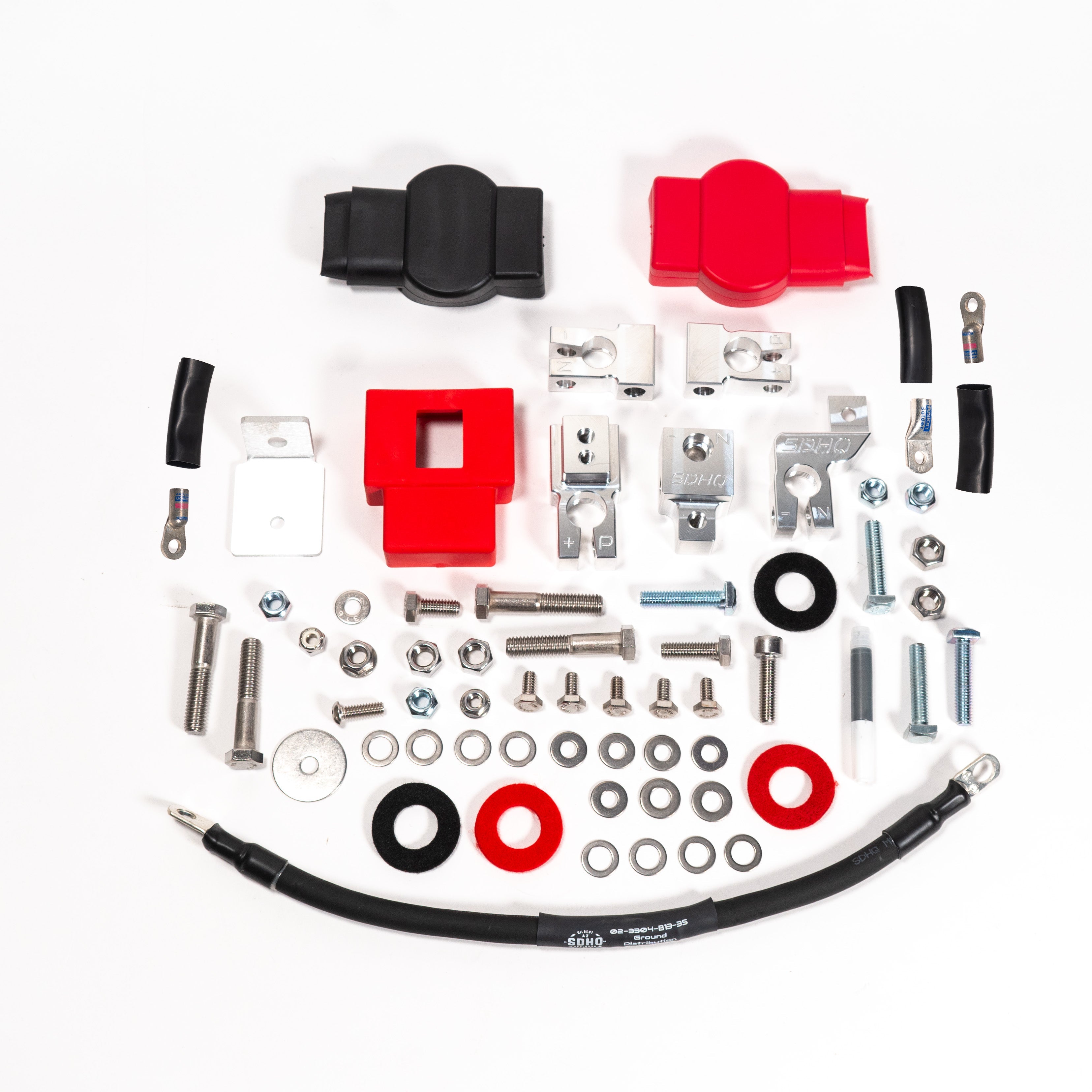 2023-2024 Ford F250/F350 Billet Dual Battery Terminal Upgrade Kit Display of included parts and hardware
