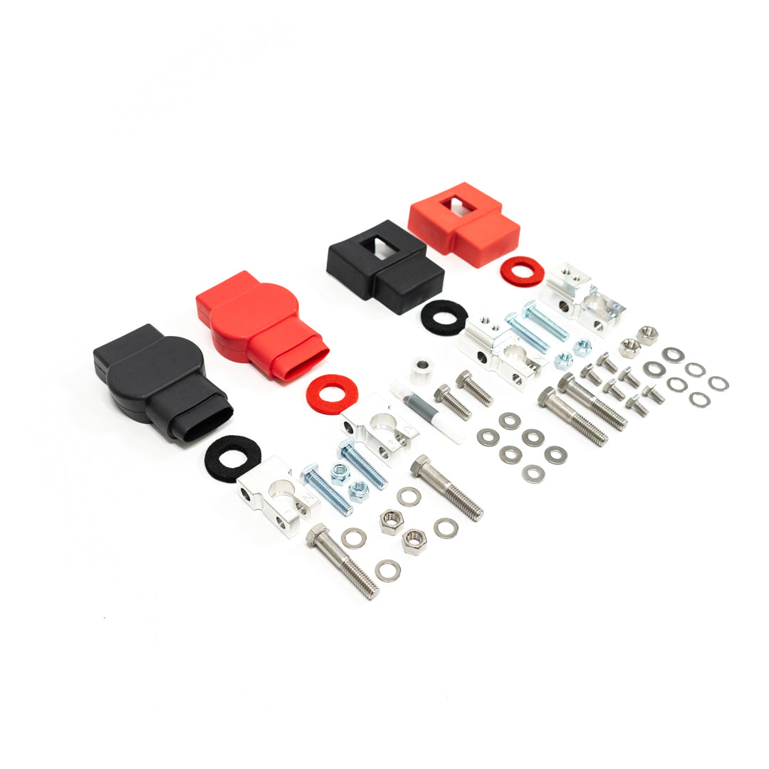 SDHQ Built '95-02.5 Ford 7.3L F250/F350/Superduty Billet Battery Terminal Upgrade Kit Display of included parts and hardware