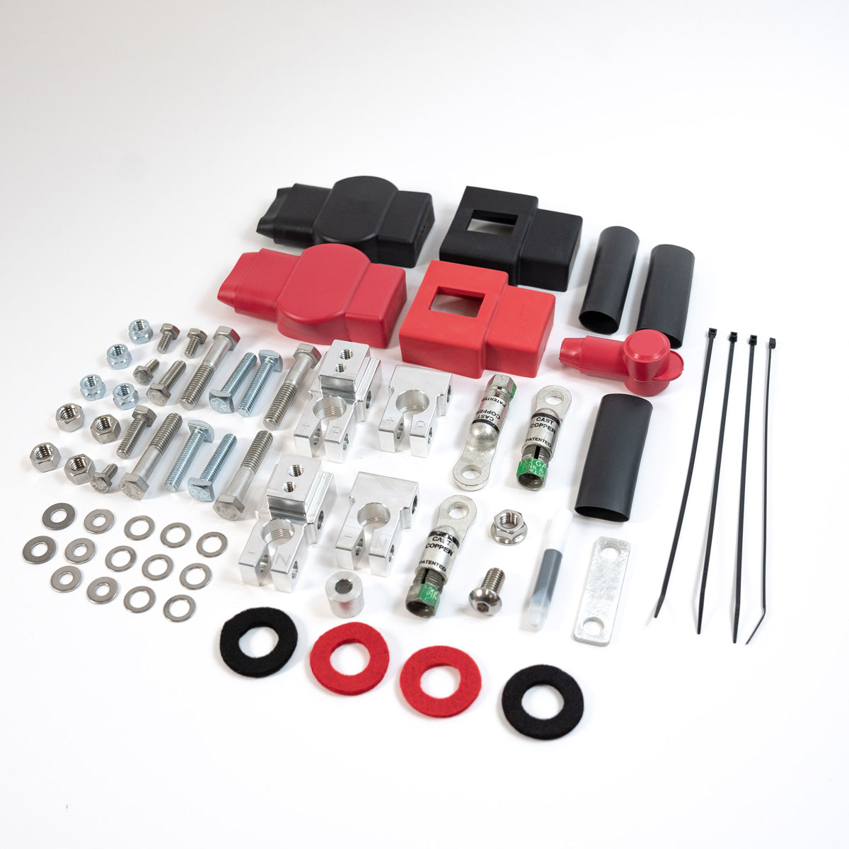 '17-Current Ford Super Duty (F250/F350/F450) SDHQ Built Billet Battery Terminal Kit Display of Included Parts