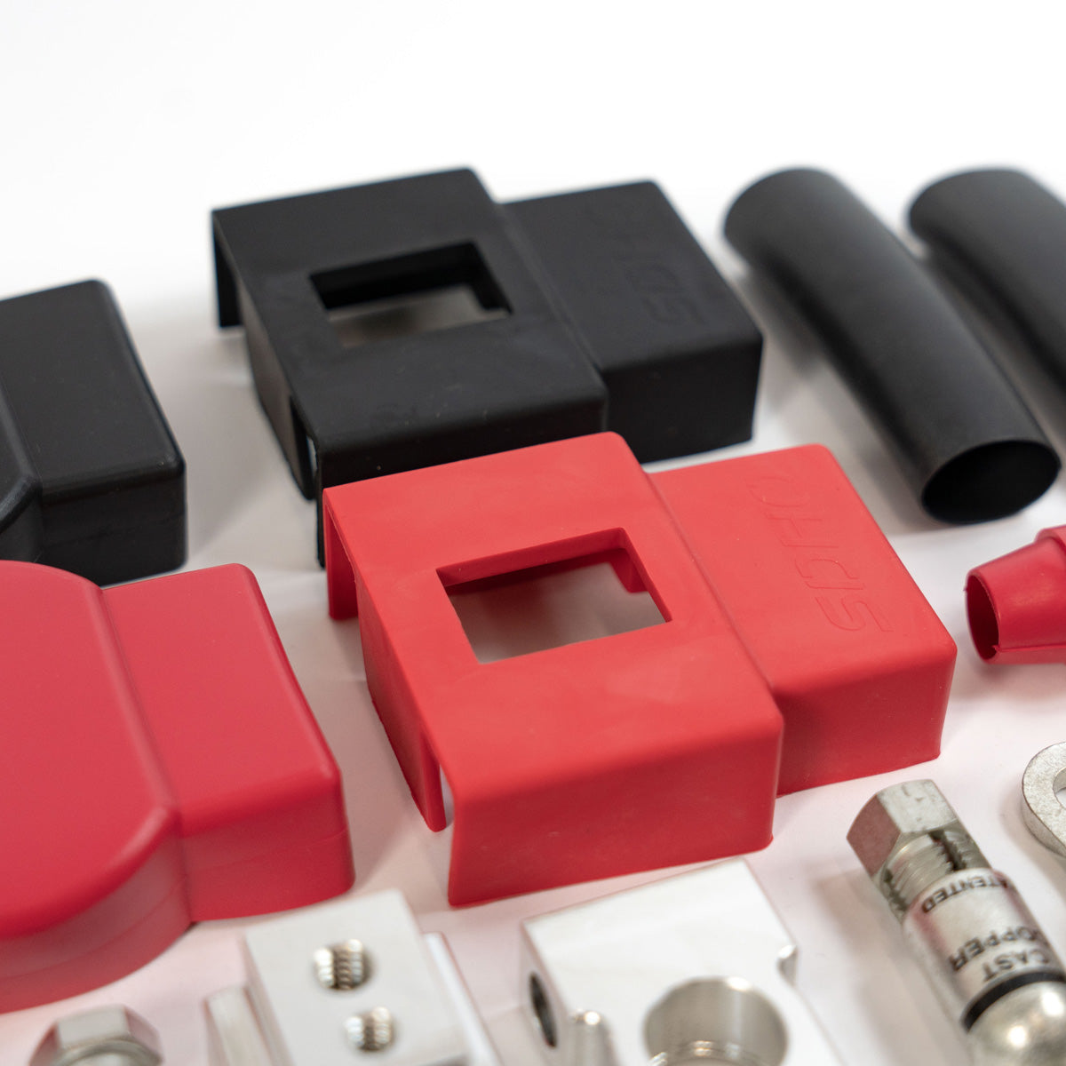 '17-Current Ford Super Duty (F250/F350/F450) SDHQ Built Billet Battery Terminal Kit Close-up Display of Included Parts