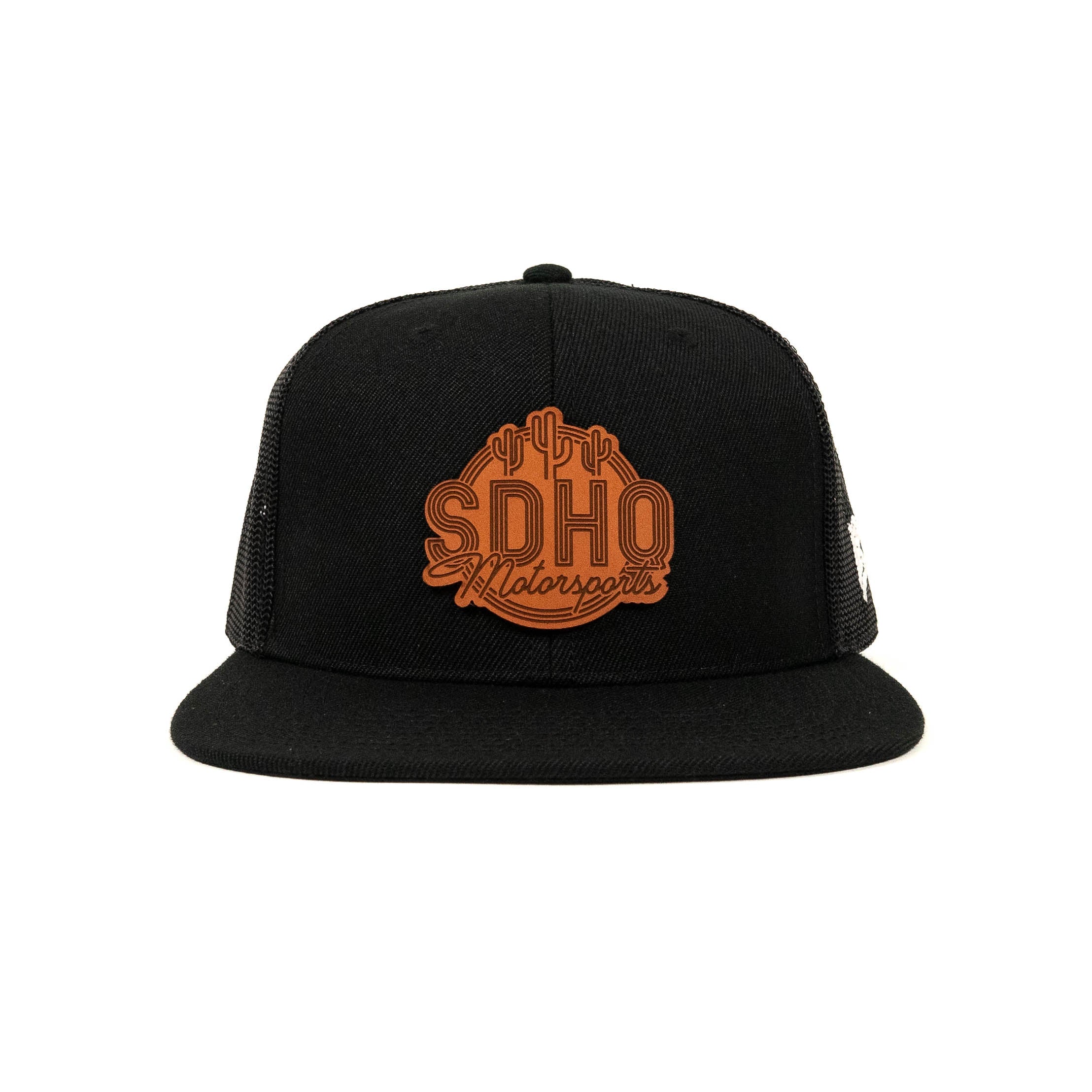 Flat Bill Trucker Hat w/ Leather SDHQ Motorsports Patch Front View Display