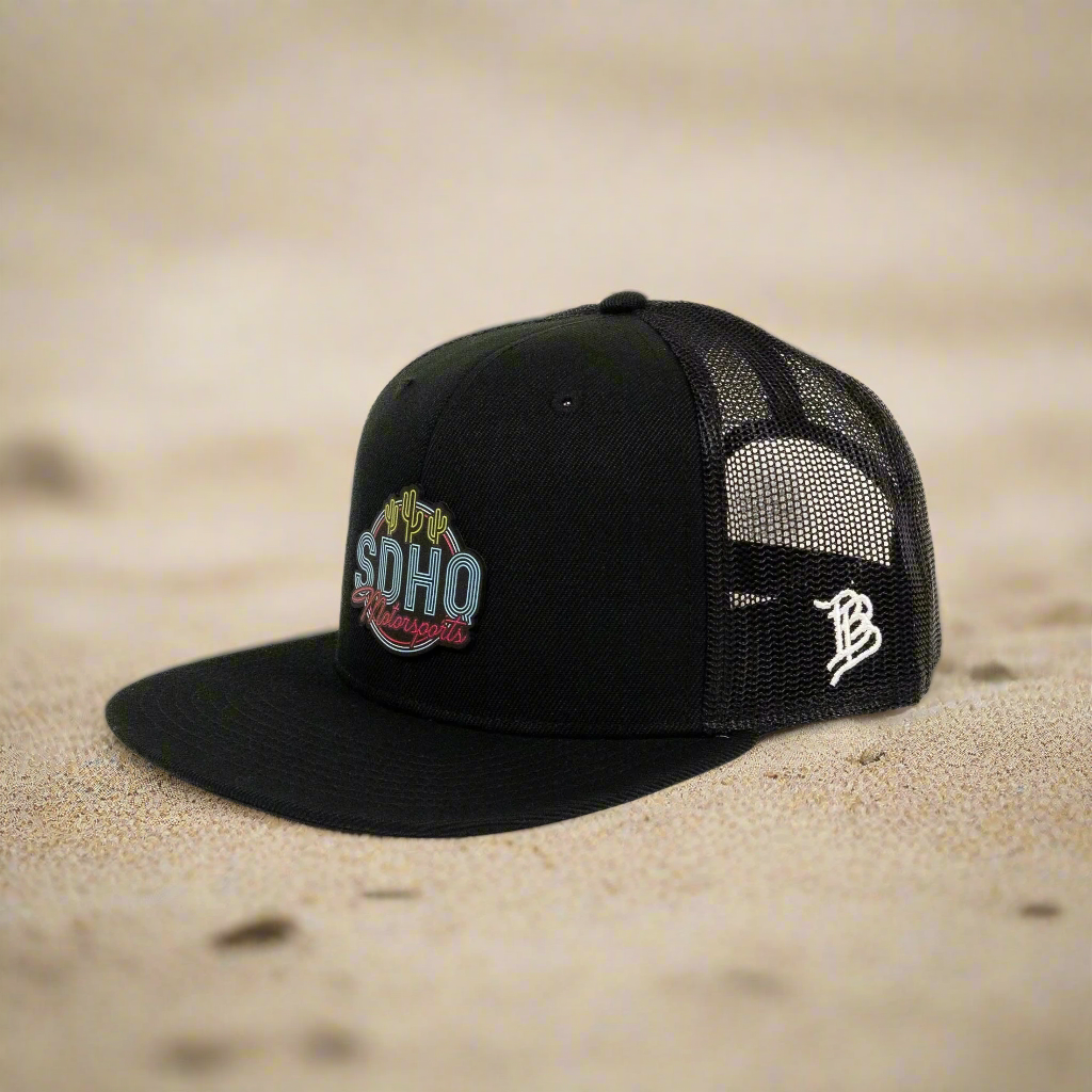 Flat Bill Trucker Hat w/ PVC SDHQ Motorsports Patch Angled View Display