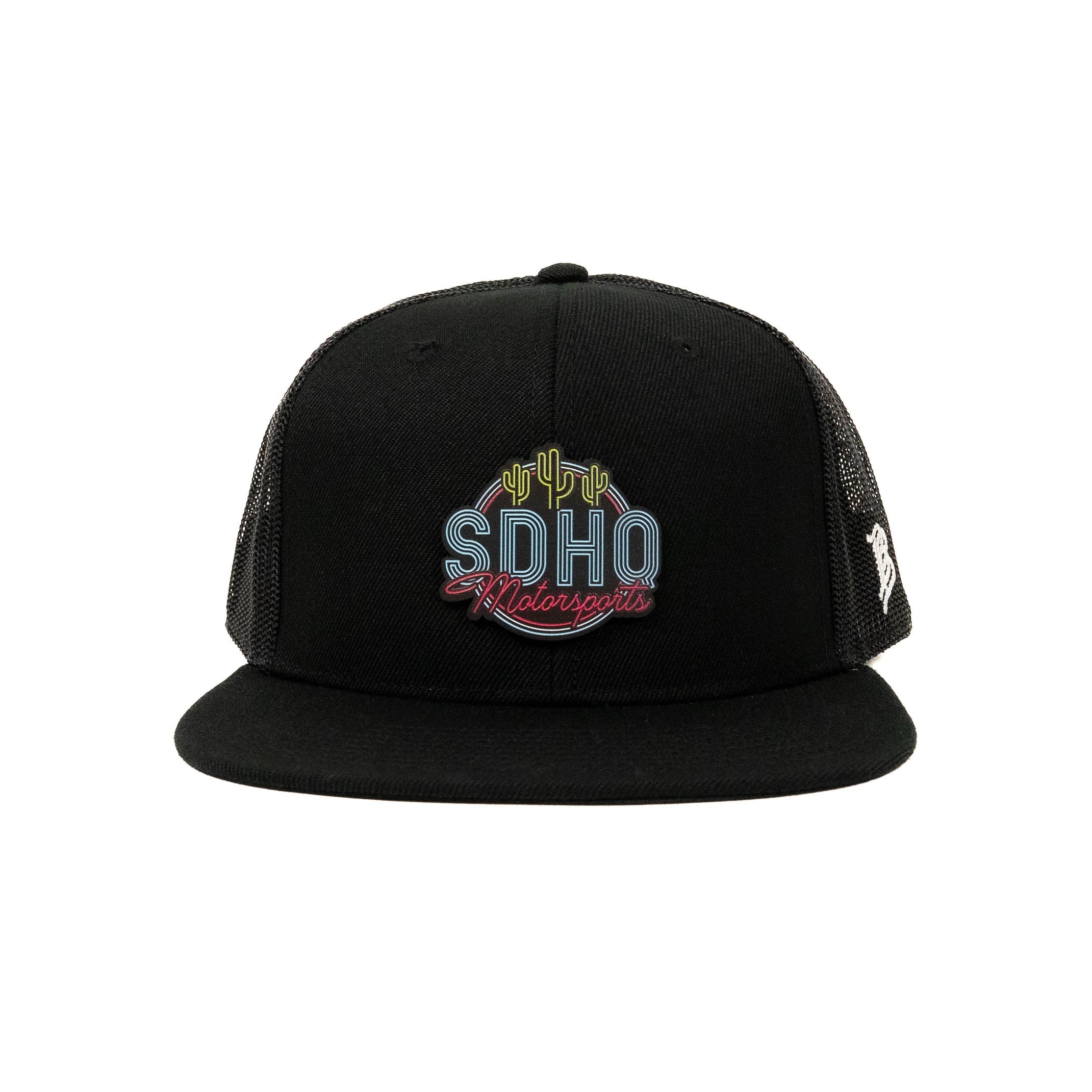 Flat Bill Trucker Hat w/ PVC SDHQ Motorsports Patch Front View display