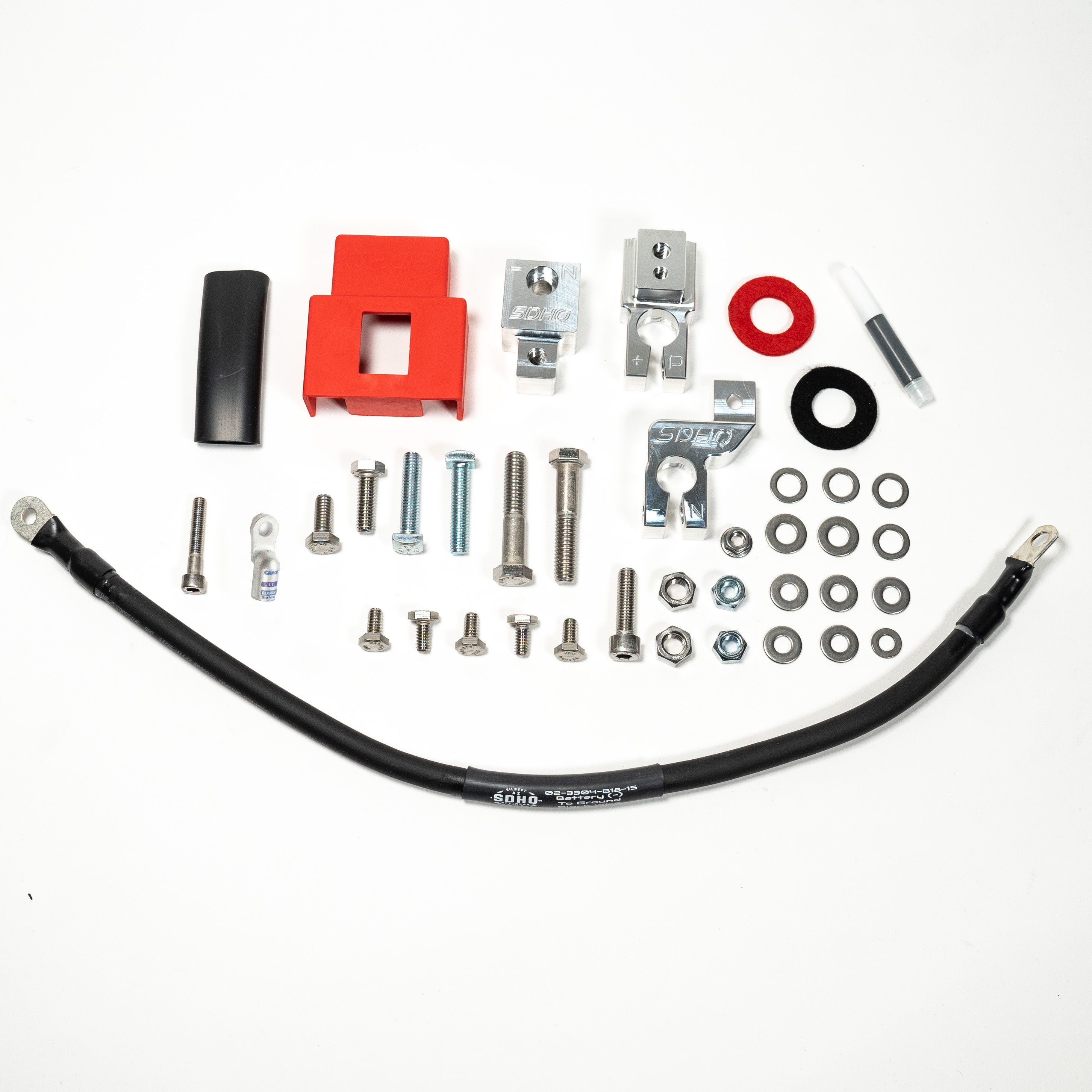 '21-23 Ford F-150 SDHQ Built Billet Battery Terminal Kit Display of Included Parts and Hardware