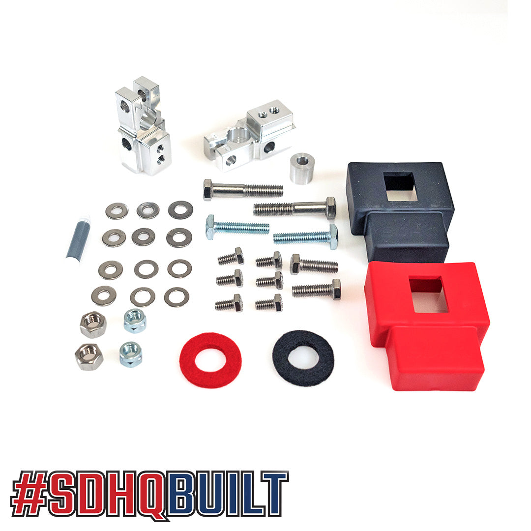 '07-17 Jeep Wrangler JK SDHQ Built Billet Battery Terminal Kit Display of included parts and hardware