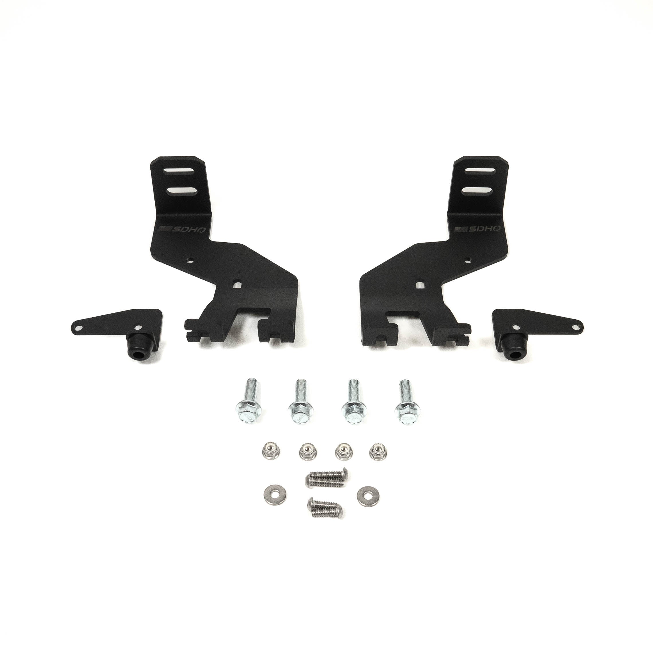 SDHQ Built '24 LC250 A-Pillar Light Mounts Display of included parts and Hardware