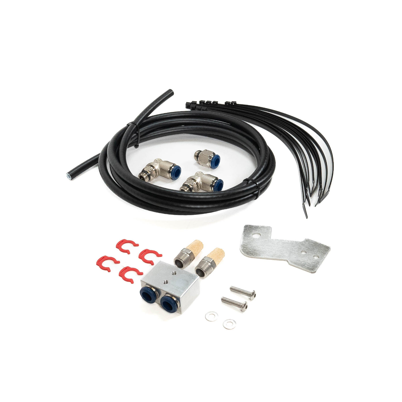 SDHQ Built 2024 LC250 ARB Filter Relocation Kit DISPLAY OF INCLUDED COMPONENTS FROM SIDE ANGLE TO SHOW ADDITIONAL DETAILS OF COMPONENTS