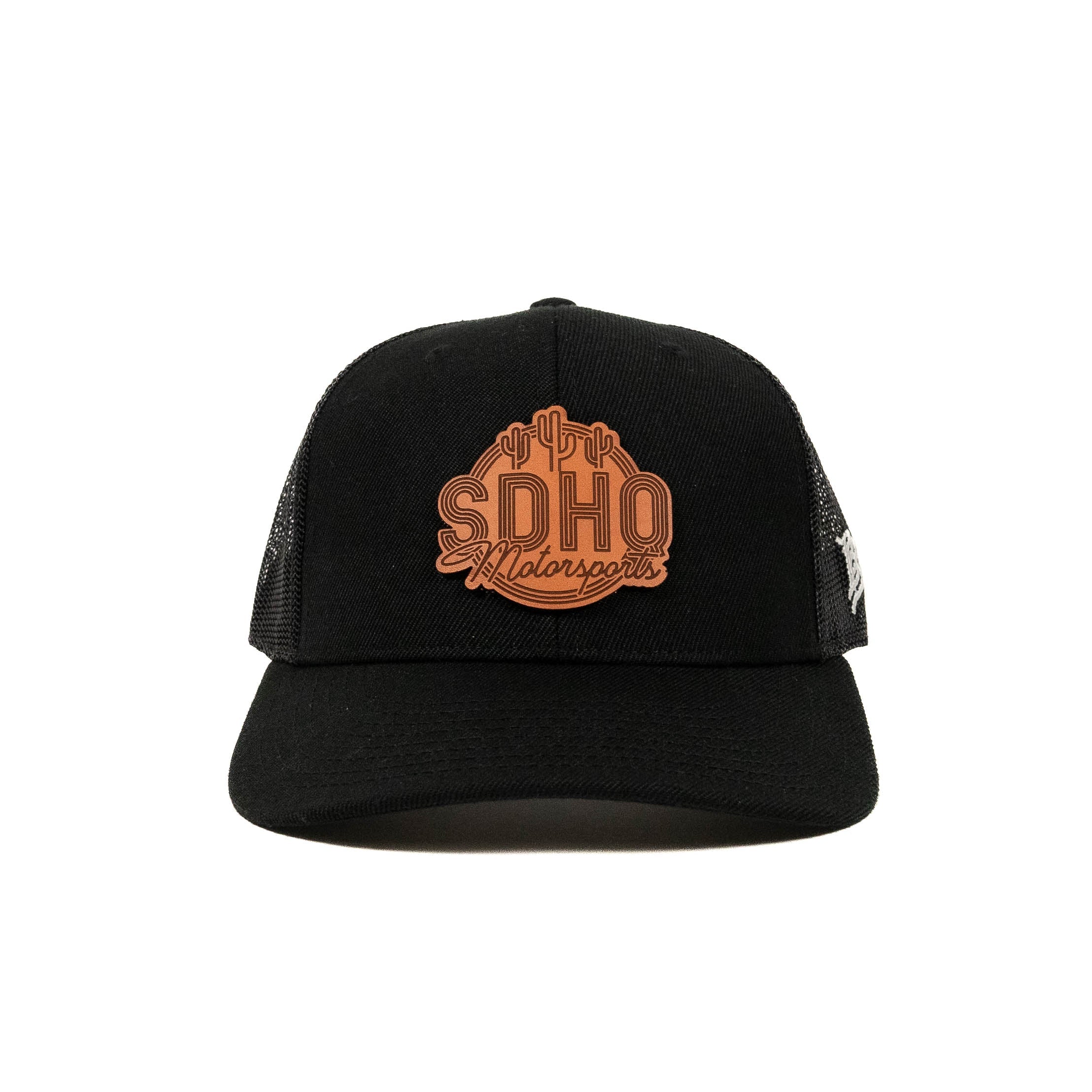 Curved Bill Trucker Hat w/ Leather SDHQ Motorsports Patch Front View Display