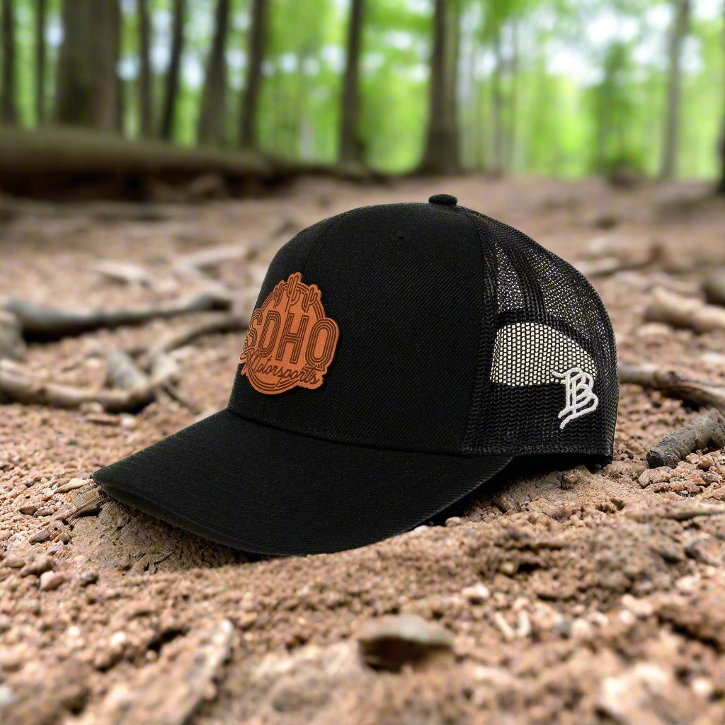 Curved Bill Trucker Hat w/ Leather SDHQ Motorsports Patch Side View Display