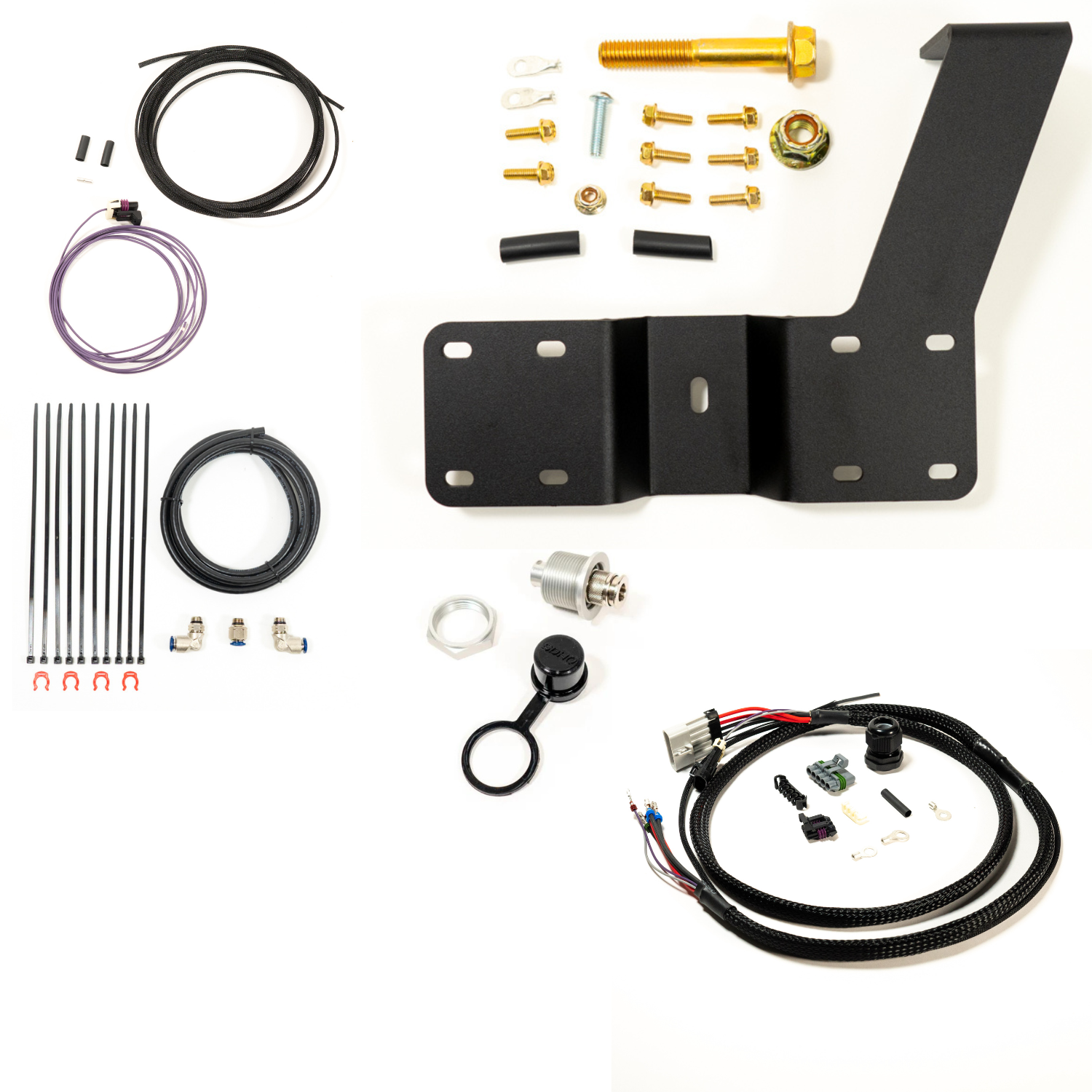 SDHQ Built '24 Tacoma Air Compressor Mount Kit display of included parts and hardware