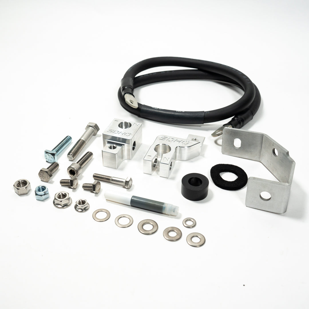 '19-2023 SDHQ Built Ford Ranger Billet Battery Terminal and Distribution Kit Display of included Parts and Hardware