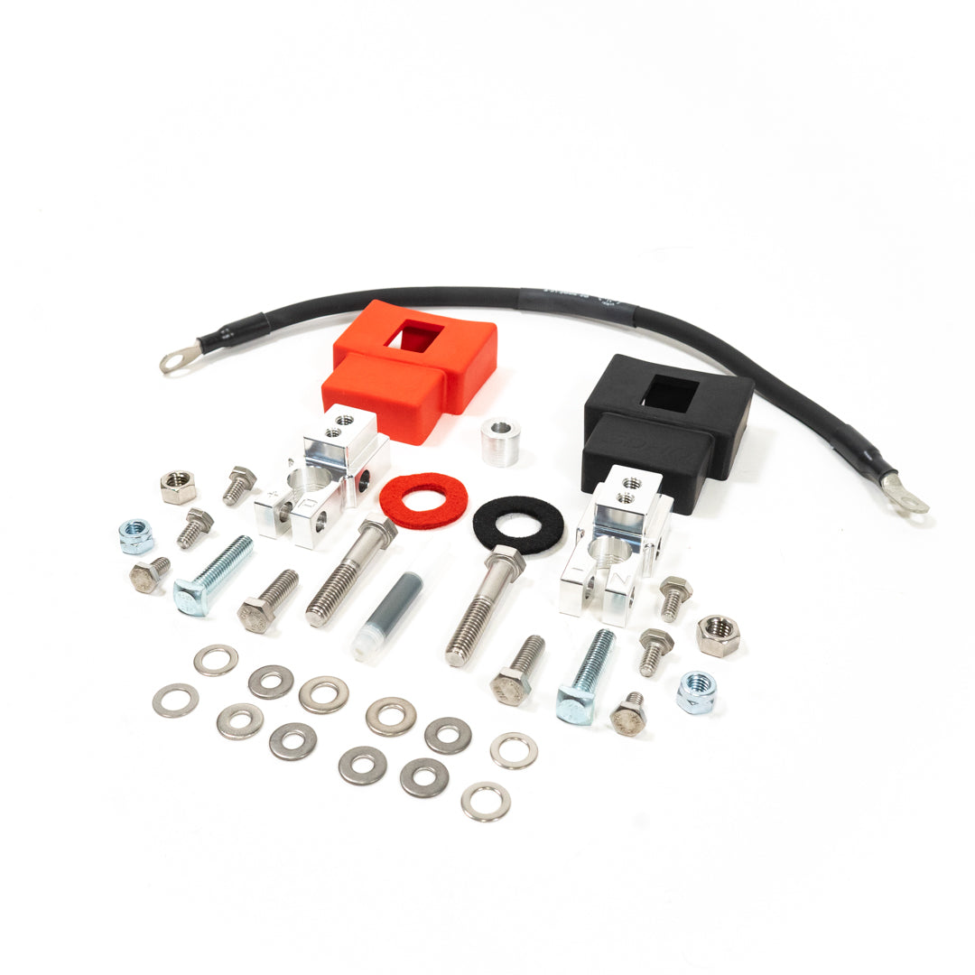 '05-23 Toyota Tacoma Complete Billet Battery Terminal Kit w/ Negative Terminal Wiring Kit Display of Included Parts and Hardware
