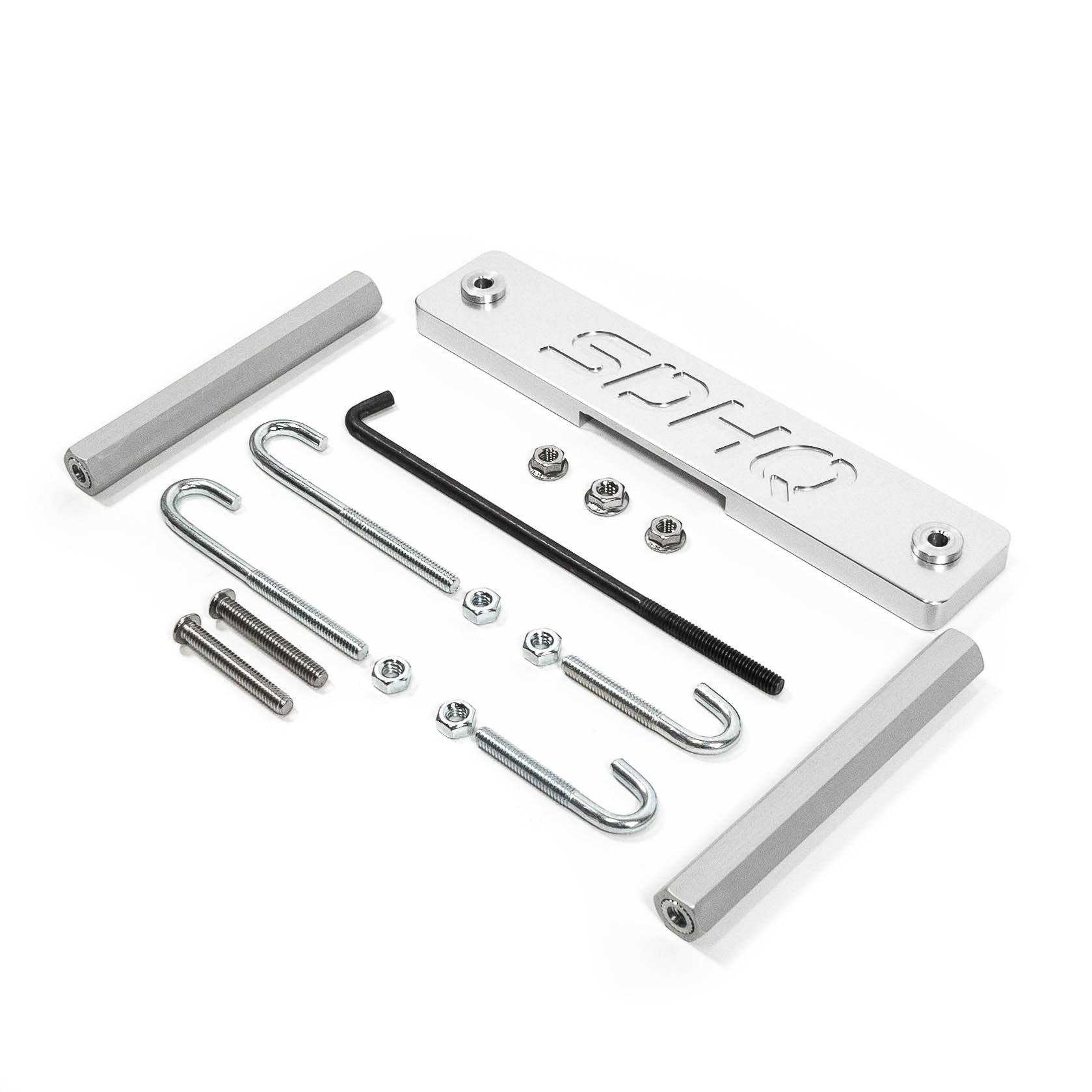 SDHQ Built Toyota Complete Billet 24F/27F Battery Hold Down Kit Display of Included Parts
