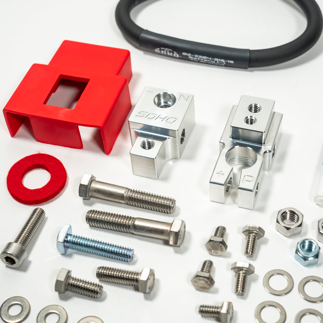 2019-2023 RAM 2500/3500 Complete Billet Single Battery Terminal and Distribution Kit Close-up display of included parts and hardware