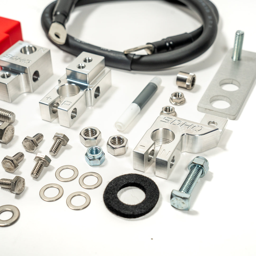 '21-23 Ram 1500 TRX SDHQ Built Billet Battery Terminal Kit Close-up Display of Included Parts and Hardware