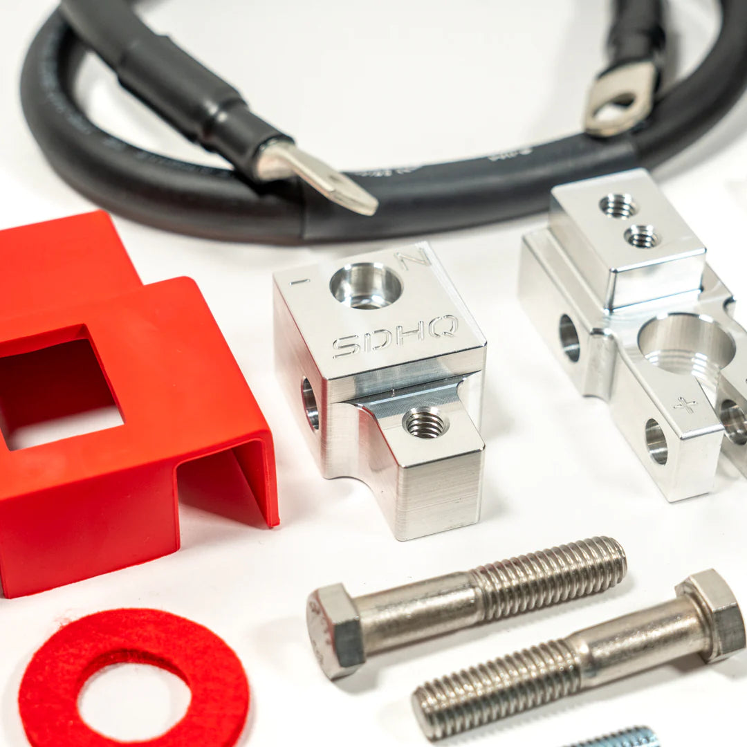 2025 Ram 1500 RHO SDHQ Built Billet Battery Terminal Kit close up of negative distribution block