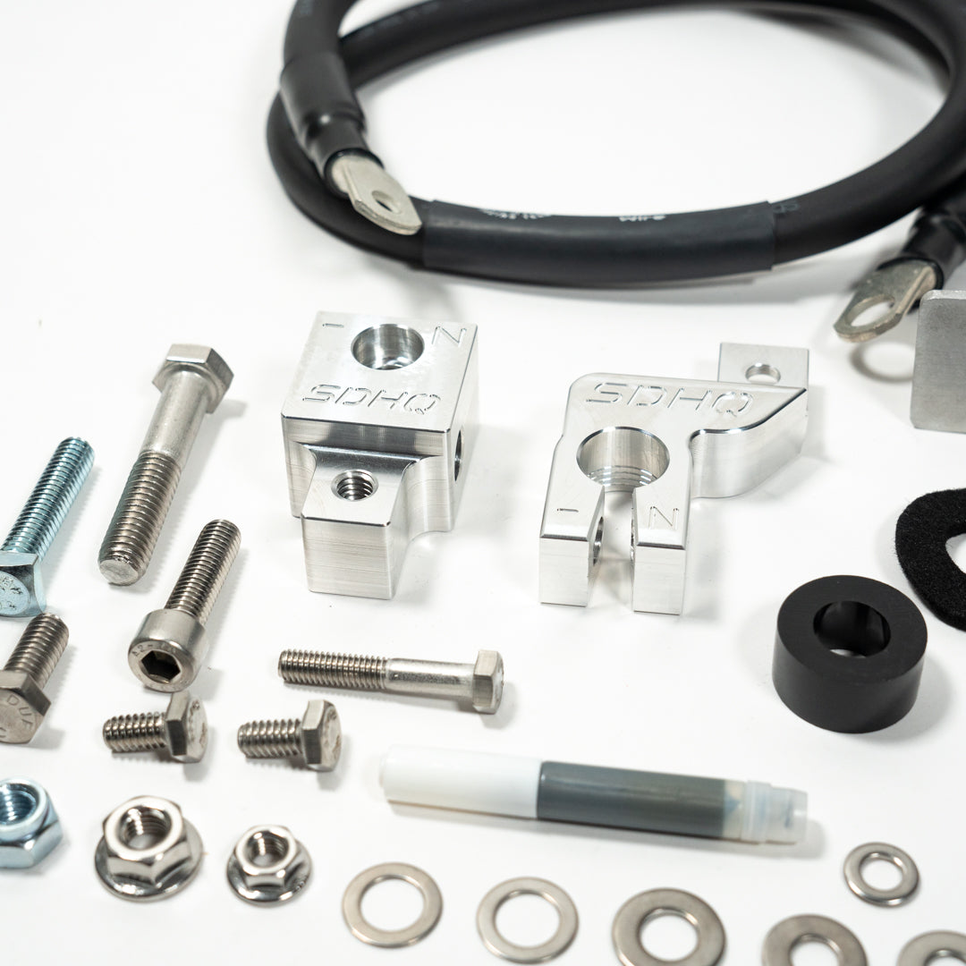 '19-2023 SDHQ Built Ford Ranger Billet Battery Terminal and Distribution Kit Display of included parts and hardware