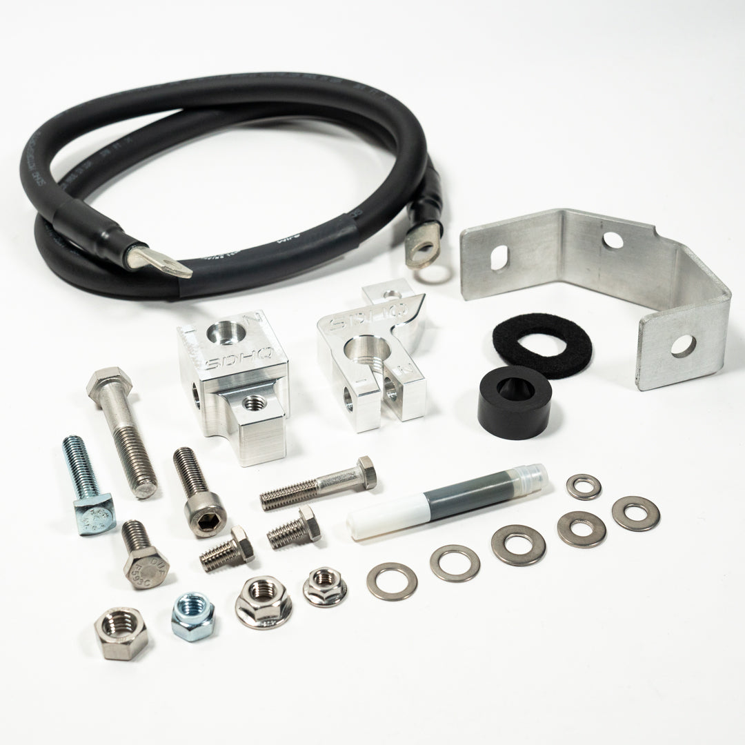 '19-2023 SDHQ Built Ford Ranger Billet Battery Terminal and Distribution Kit Display of Included Parts and Hardware