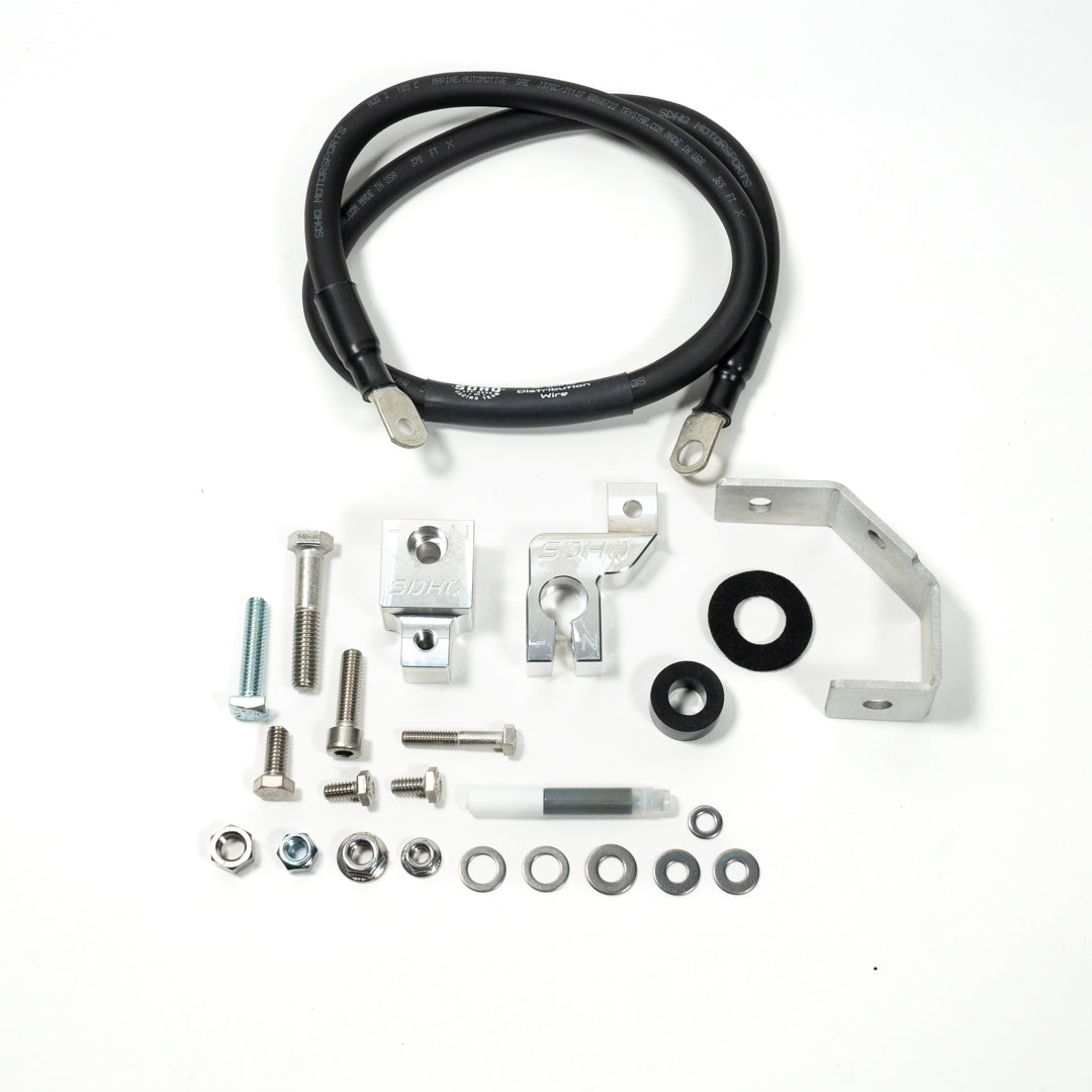'19-2023 SDHQ Built Ford Ranger Billet Battery Terminal and Distribution Kit Display of included parts and Hardware