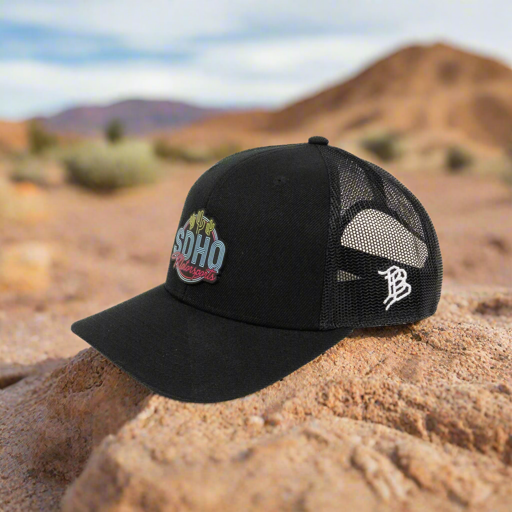 Curved Bill Trucker Hat w/ PVC SDHQ Motorsports Patch Side View Display