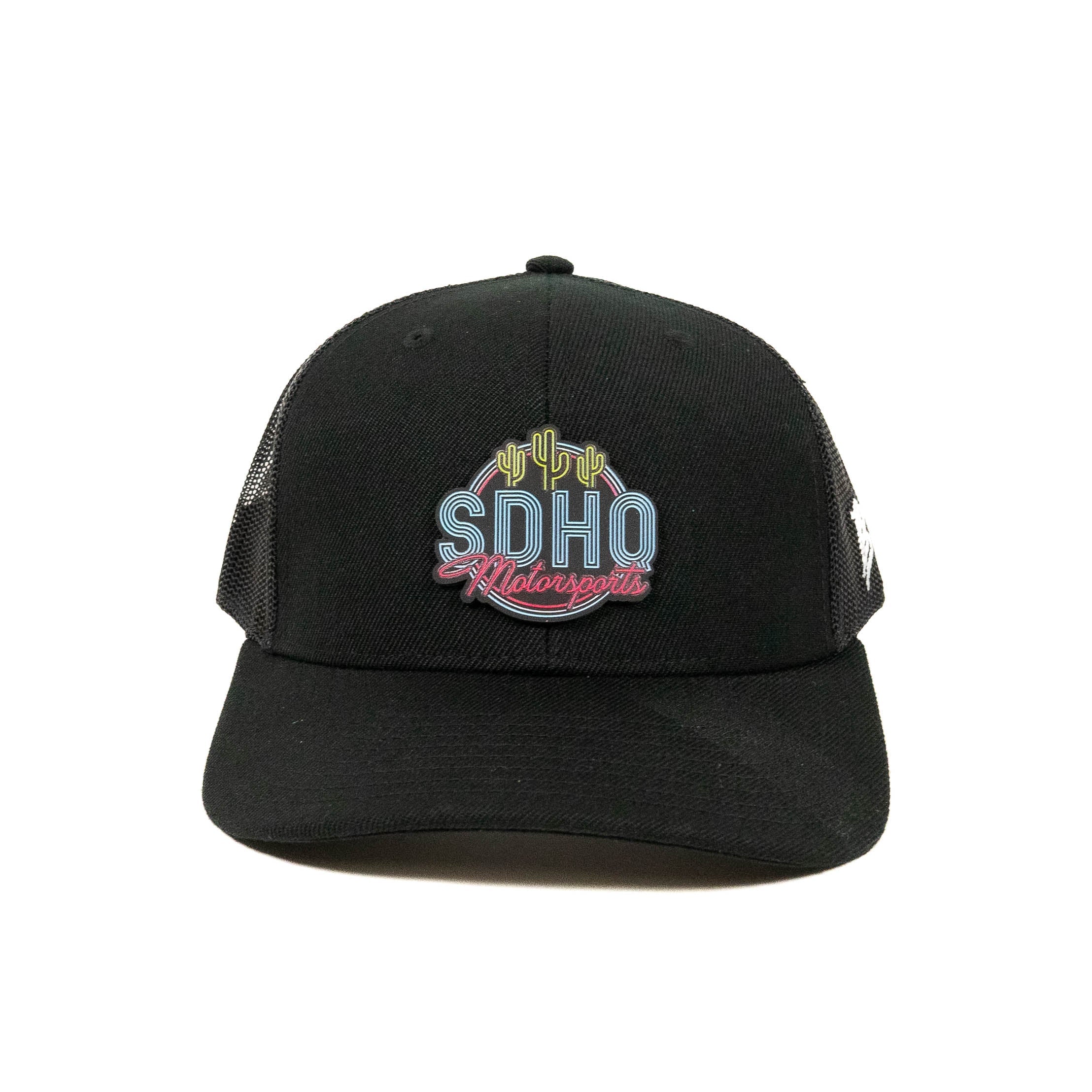 Curved Bill Trucker Hat w/ PVC SDHQ Motorsports Patch Front View Display