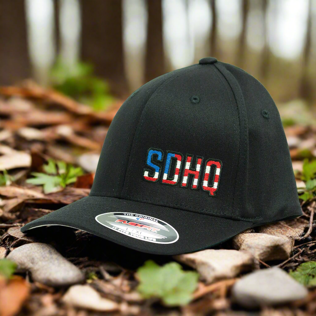 SDHQ USA Black Flex Fit Hat Angled Front View Display