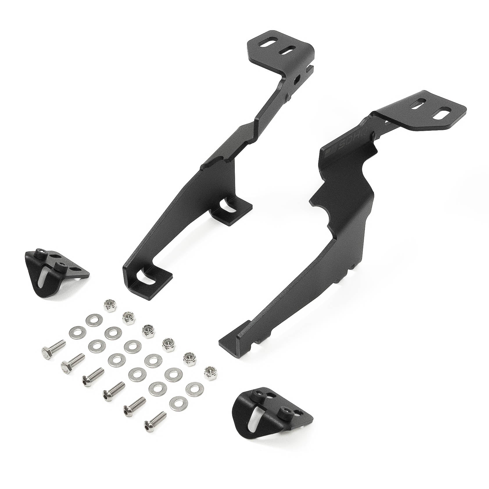 '23-24 FORD SUPER DUTY SDHQ BUILT A-PILLAR LIGHT MOUNTS Display of included parts and hardware