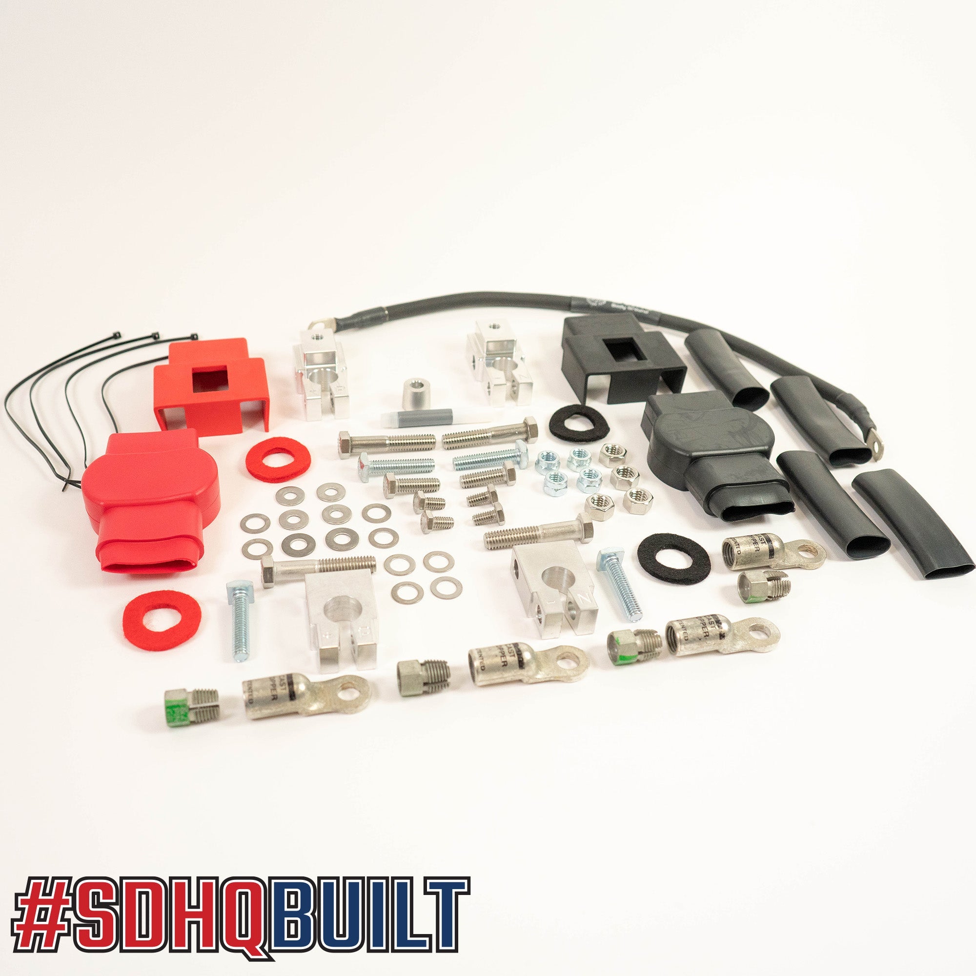 '17-19 Ford Super Duty (F250/F350/F450) SDHQ Built Billet Battery Terminal Kit Display of Included Parts and Hardware
