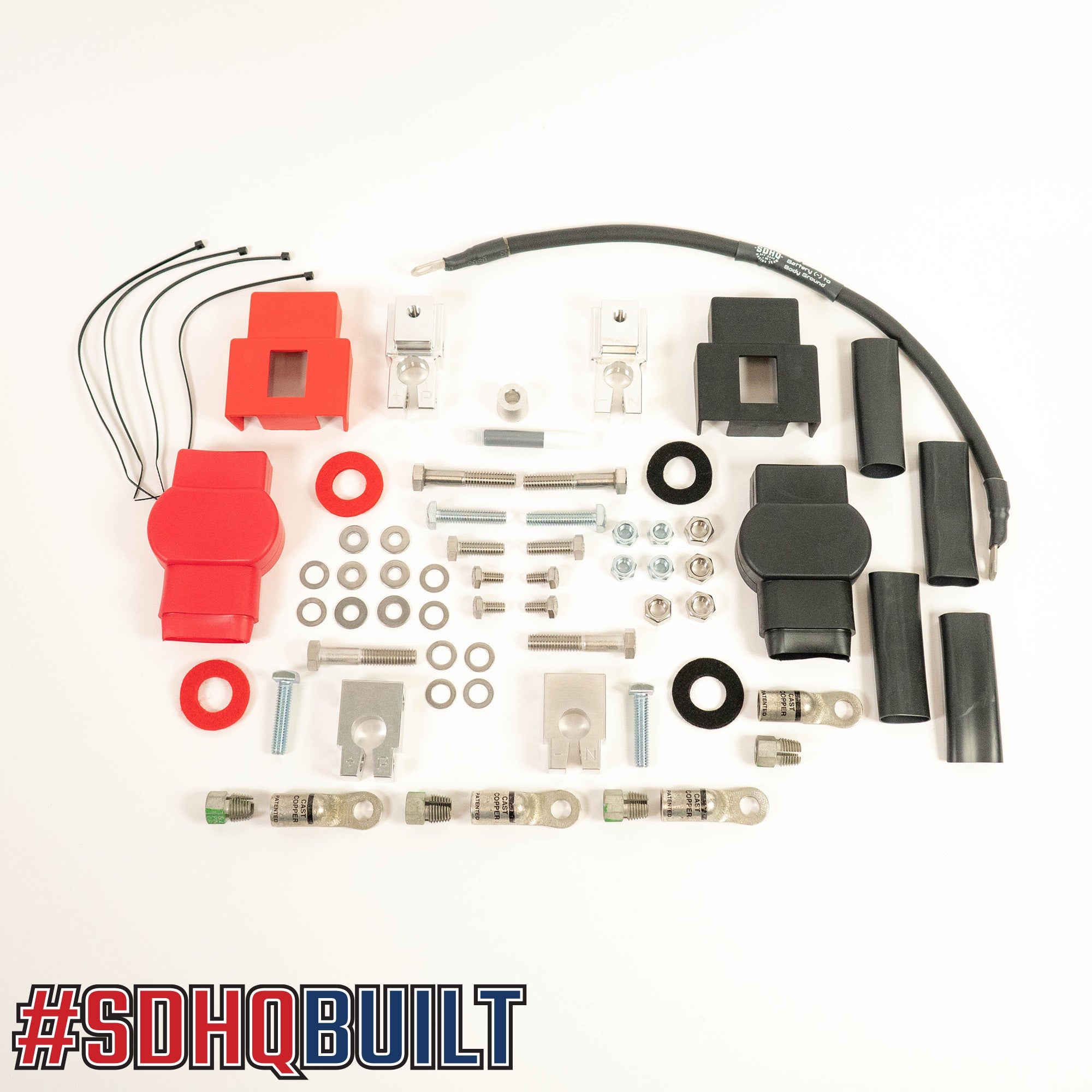 '17-19 Ford Super Duty (F250/F350/F450) SDHQ Built Billet Battery Terminal Kit Display of Included Parts and Hardware