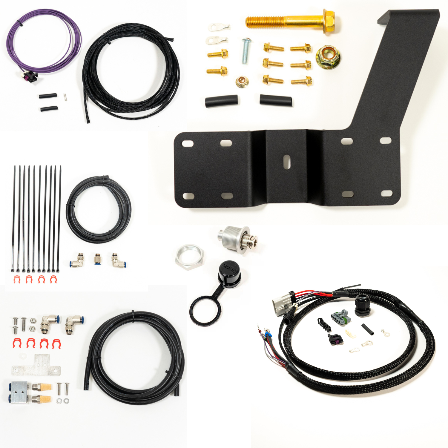 SDHQ Built '24 Tacoma Air Compressor Mount Kit display of included parts and hardware