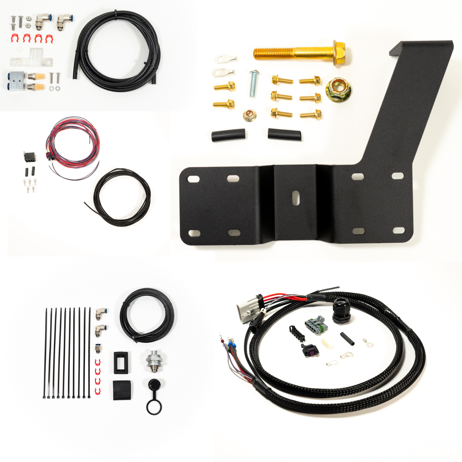 SDHQ Built '24 Tacoma Air Compressor Mount Kit display of included parts and hardware